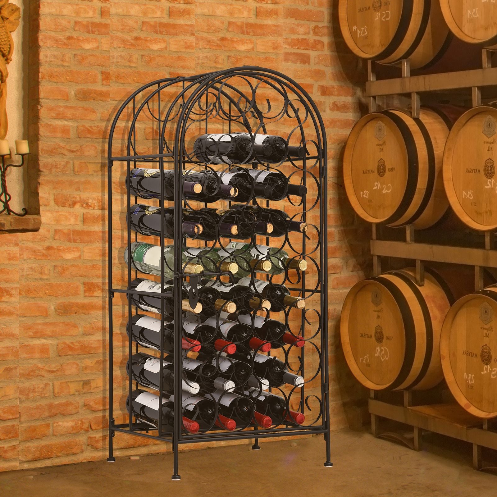 HOMCOM 35-Bottle Wrought Iron Wine Rack Cabinet with Lock, Black