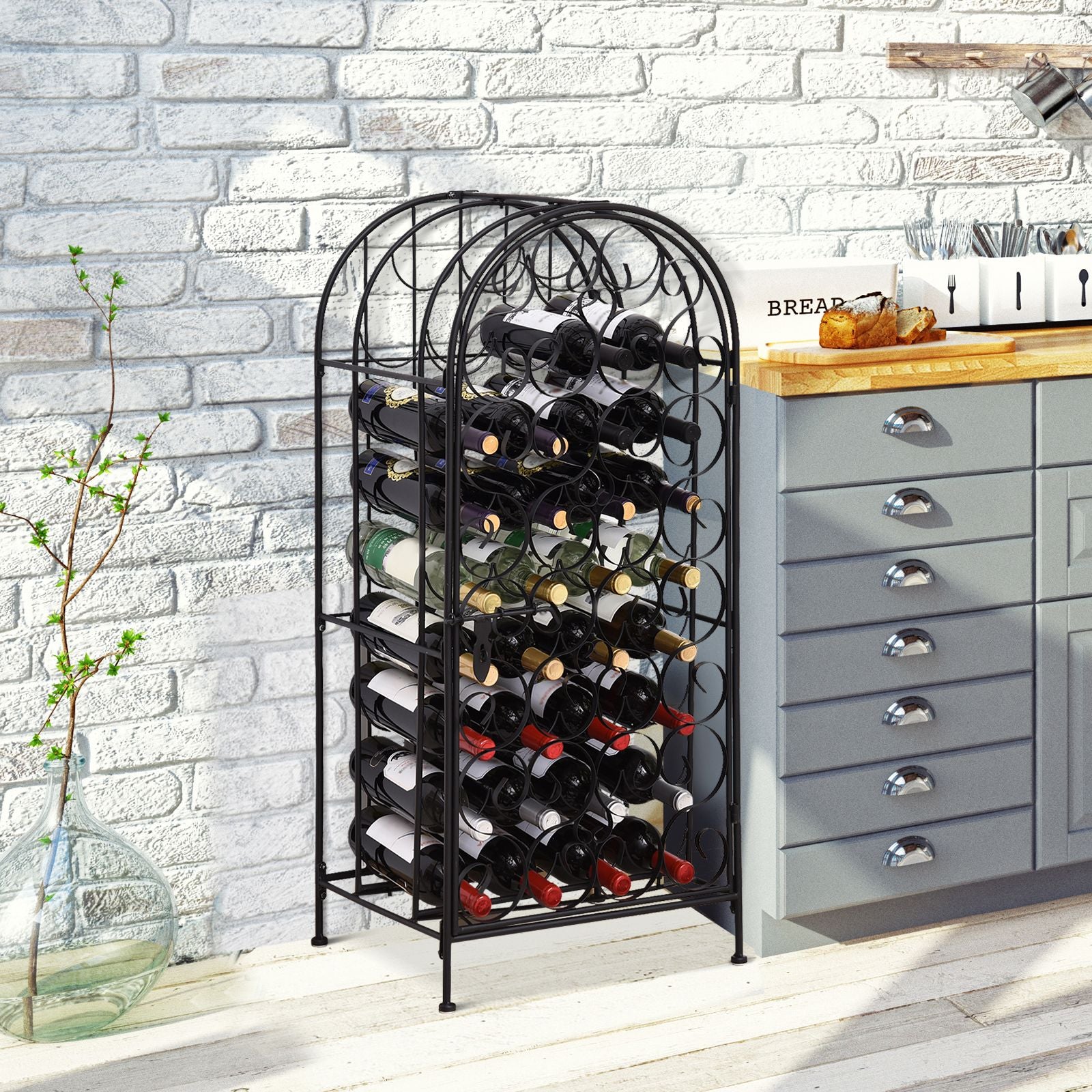 HOMCOM 35-Bottle Wrought Iron Wine Rack Cabinet with Lock, Black