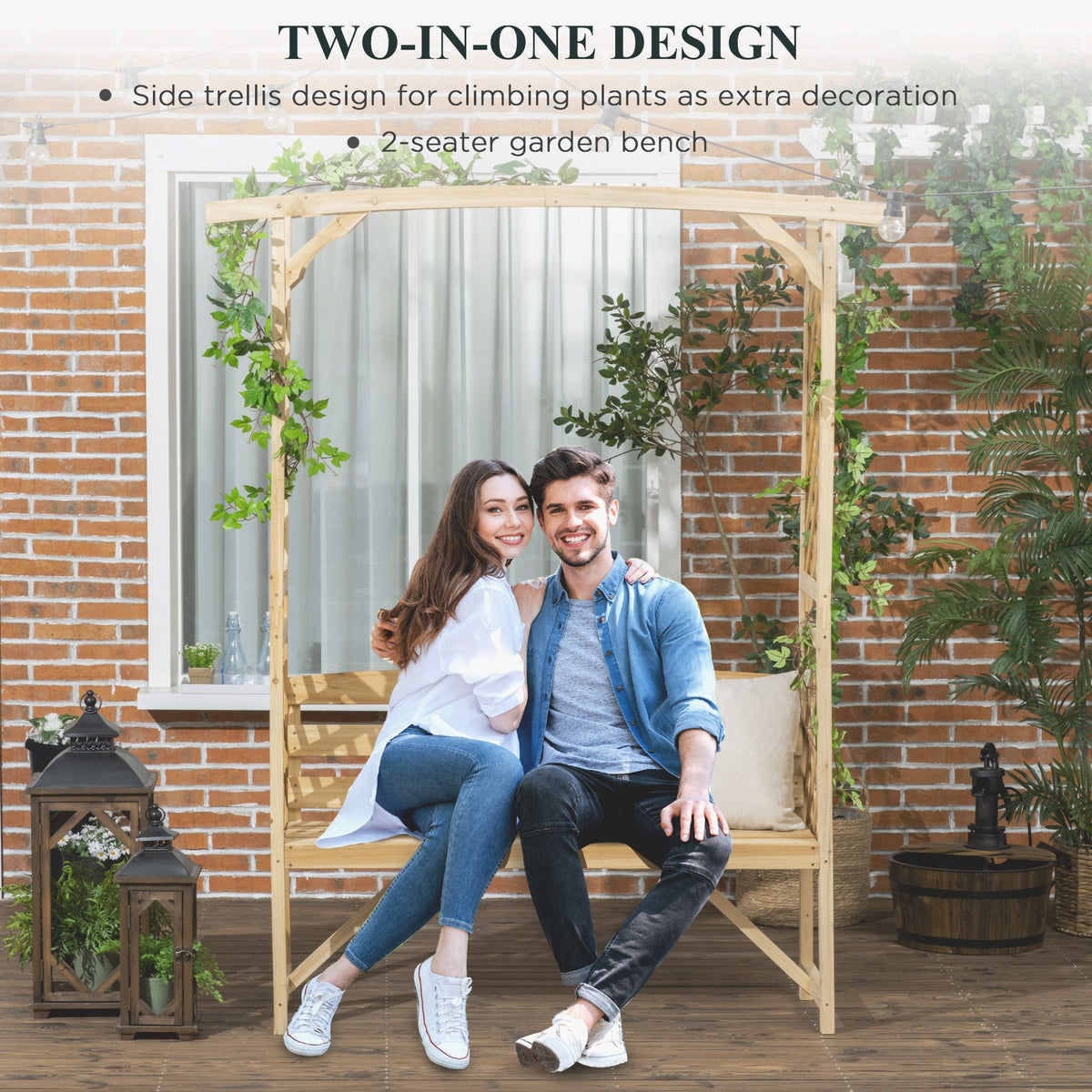 Patio Garden Bench, Wooden Bench, Outdoor Bench for Vines/Climbing Plants, Natural - product view 4