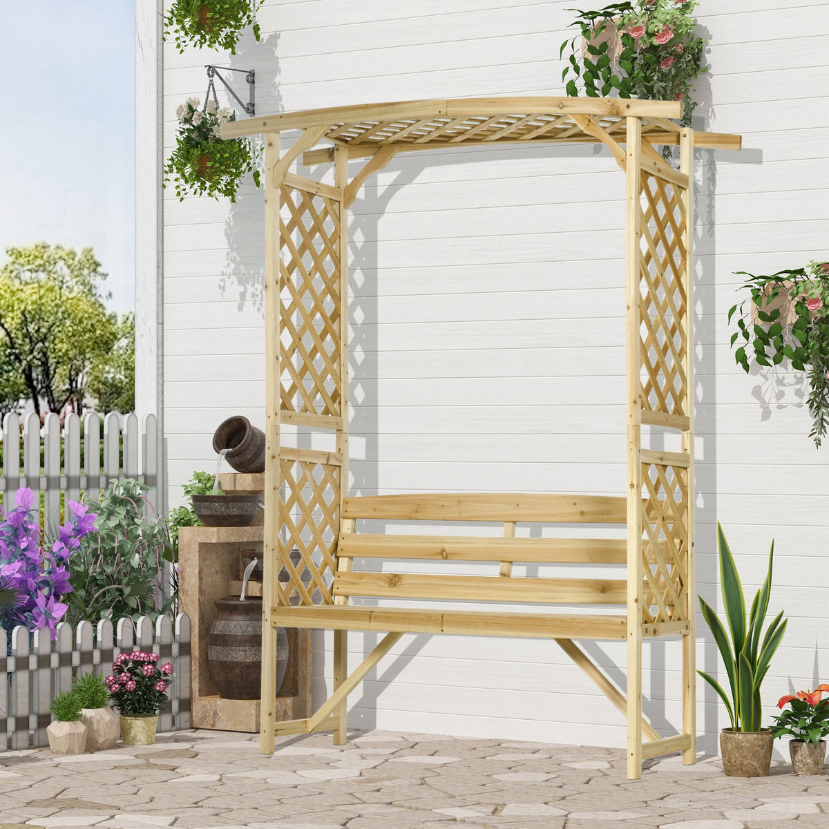 Patio Garden Bench, Wooden Bench, Outdoor Bench for Vines/Climbing Plants, Natural - product view 10