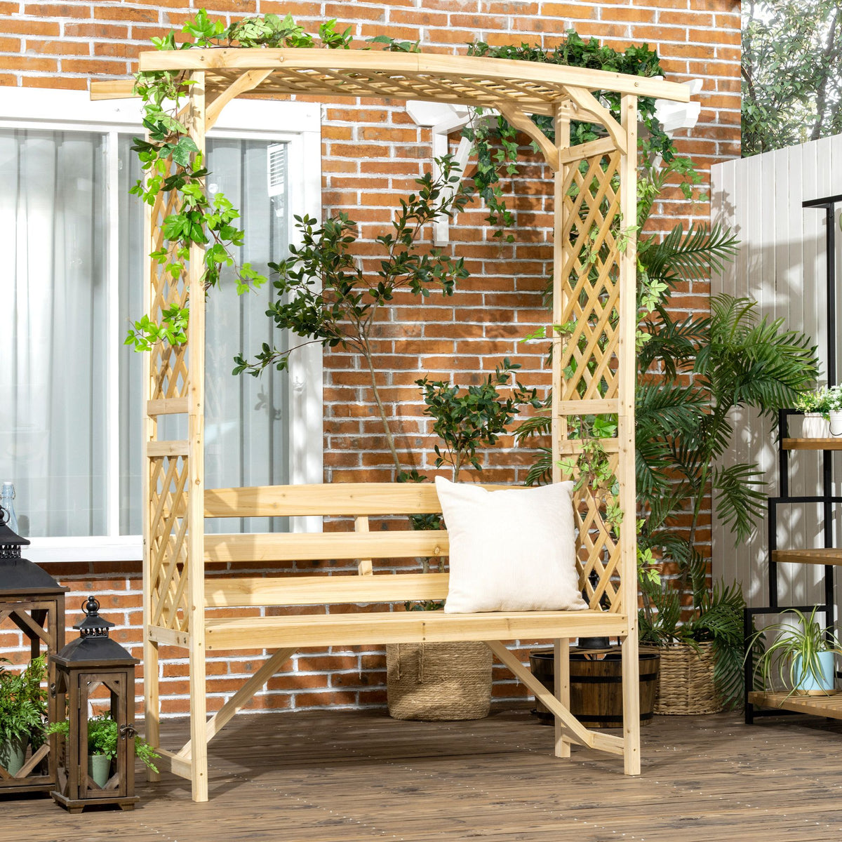 Patio Garden Bench, Wooden Bench, Outdoor Bench for Vines/Climbing Plants, Natural - product view 2