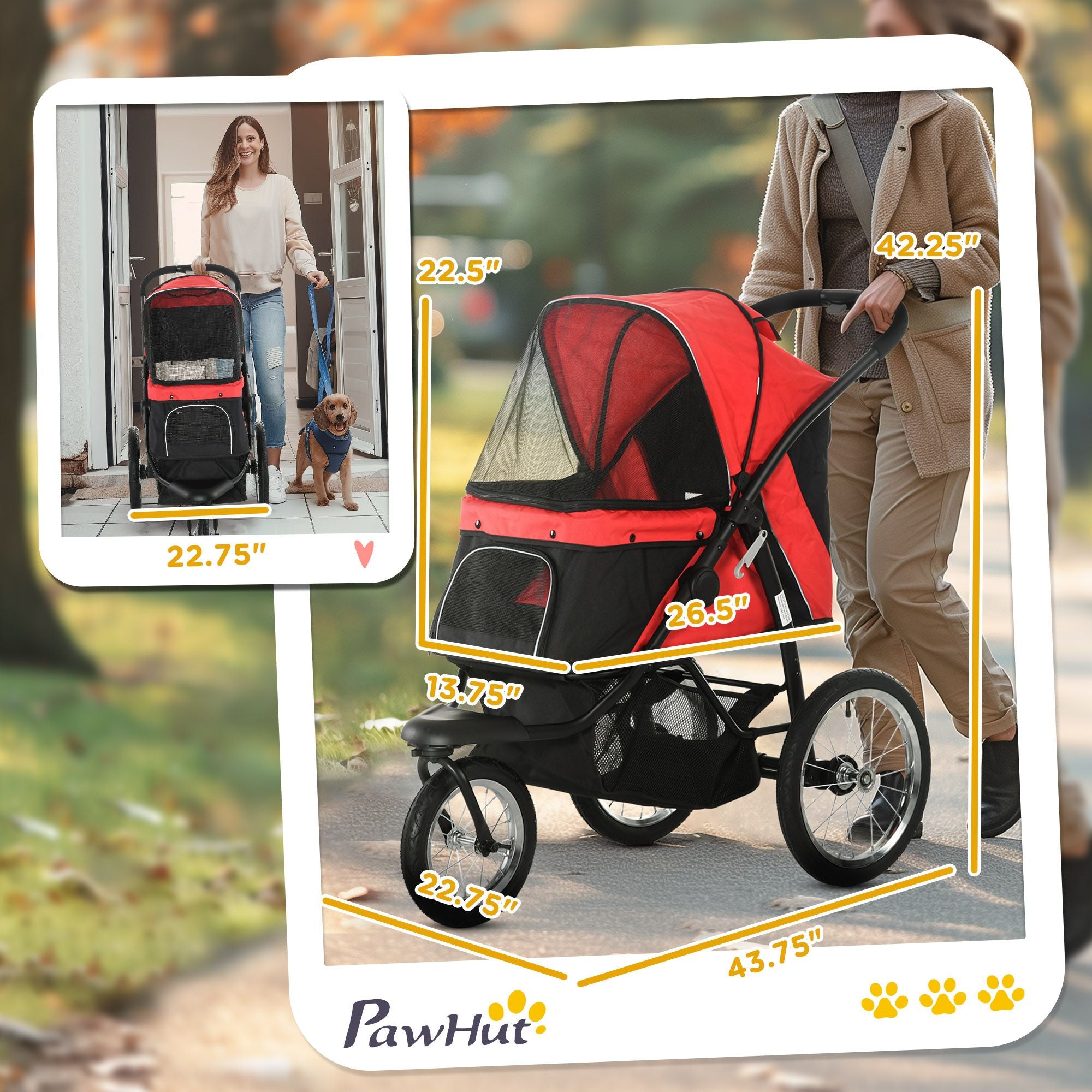 PawHut 3-Wheel Pet Stroller with Adjustable Canopy and Storage Basket, Red - product view 3