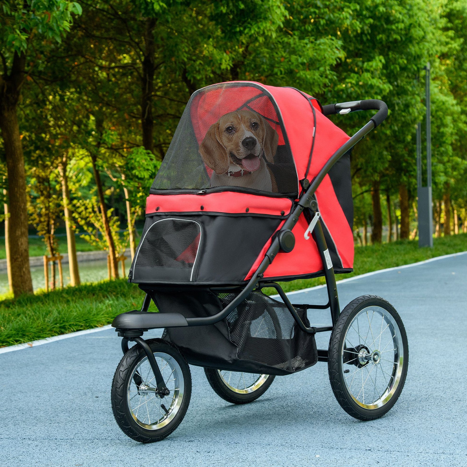 PawHut 3-Wheel Pet Stroller with Adjustable Canopy and Storage Basket, Red - product view 10