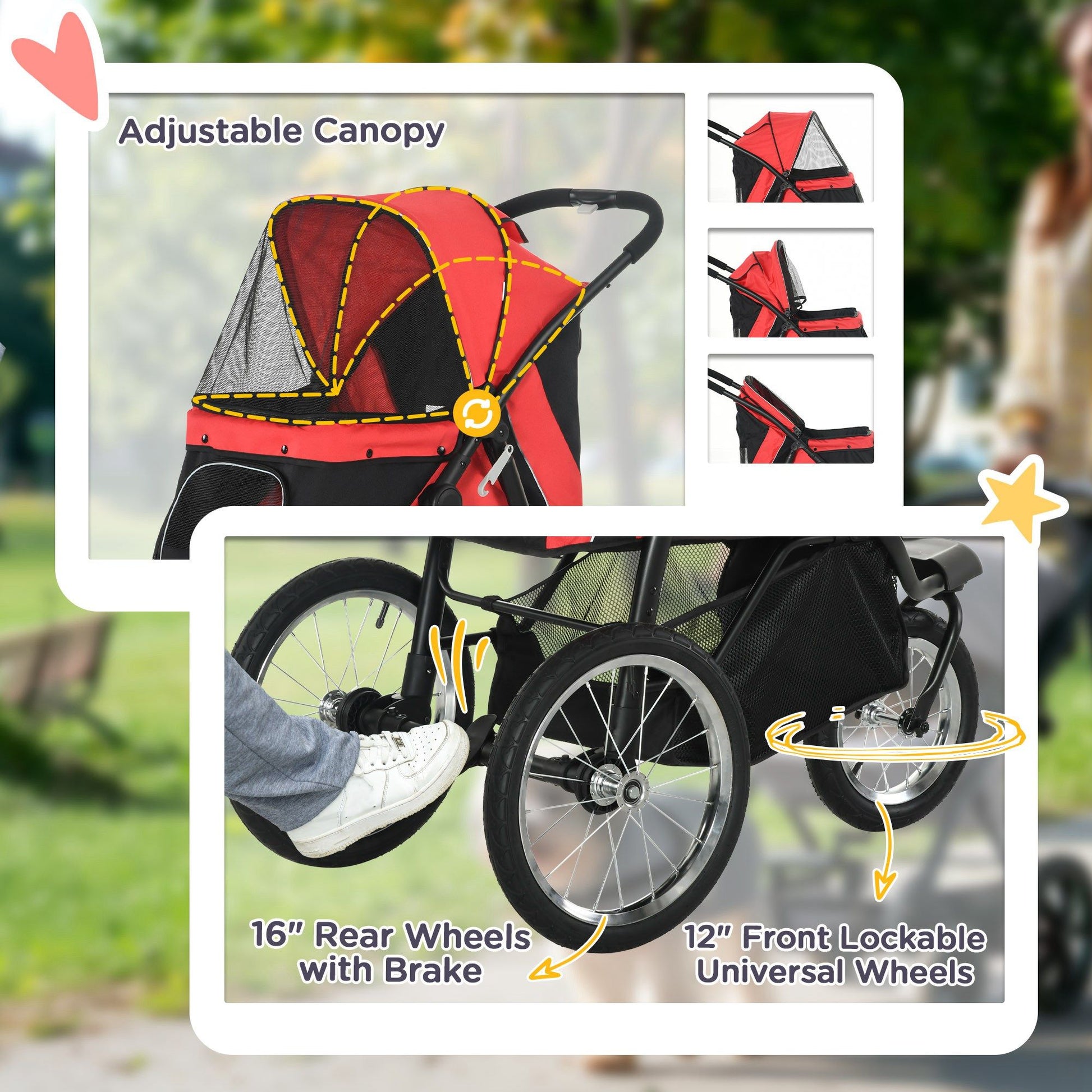 PawHut 3-Wheel Pet Stroller with Adjustable Canopy and Storage Basket, Red - product view 7