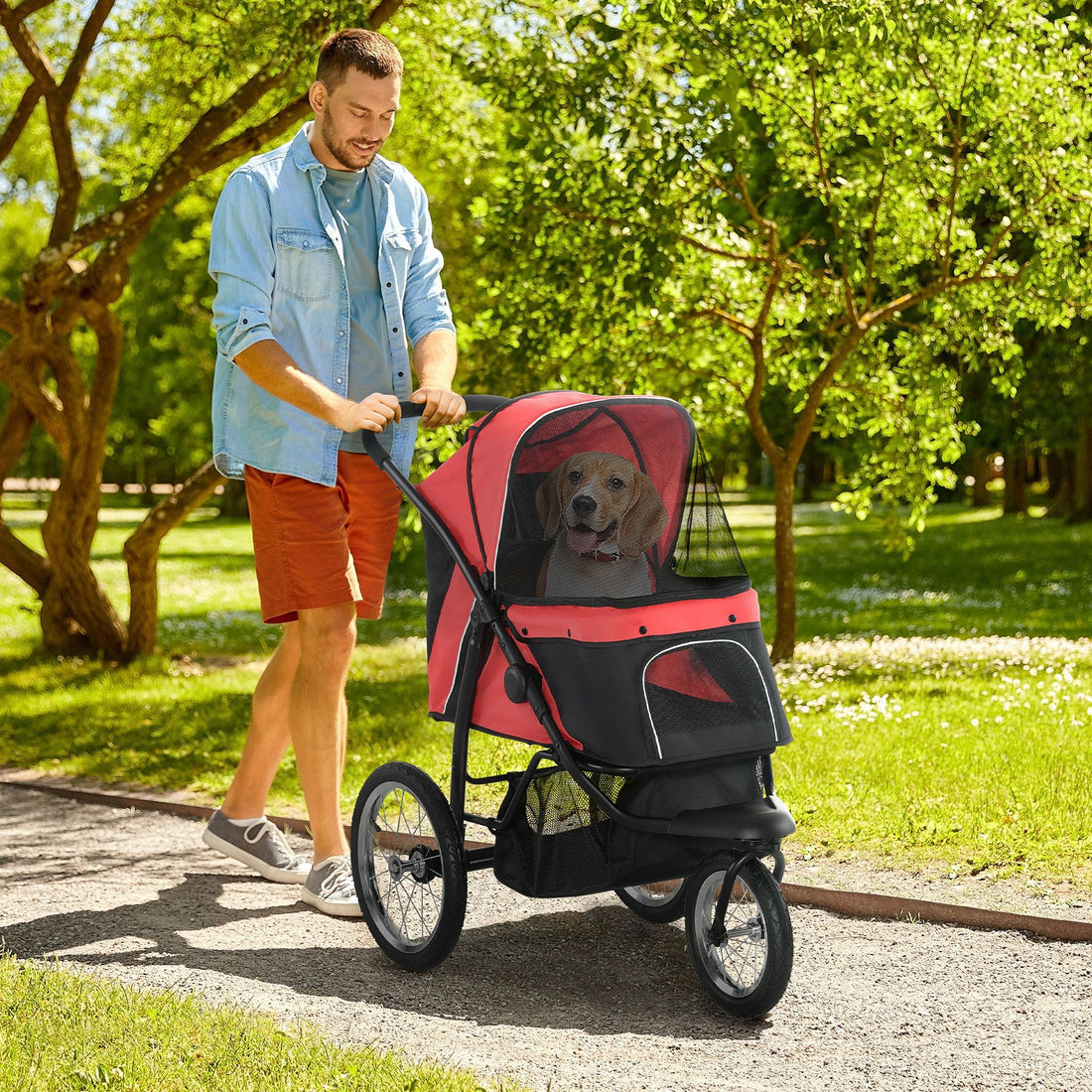 PawHut 3-Wheel Pet Stroller with Adjustable Canopy and Storage Basket, Red