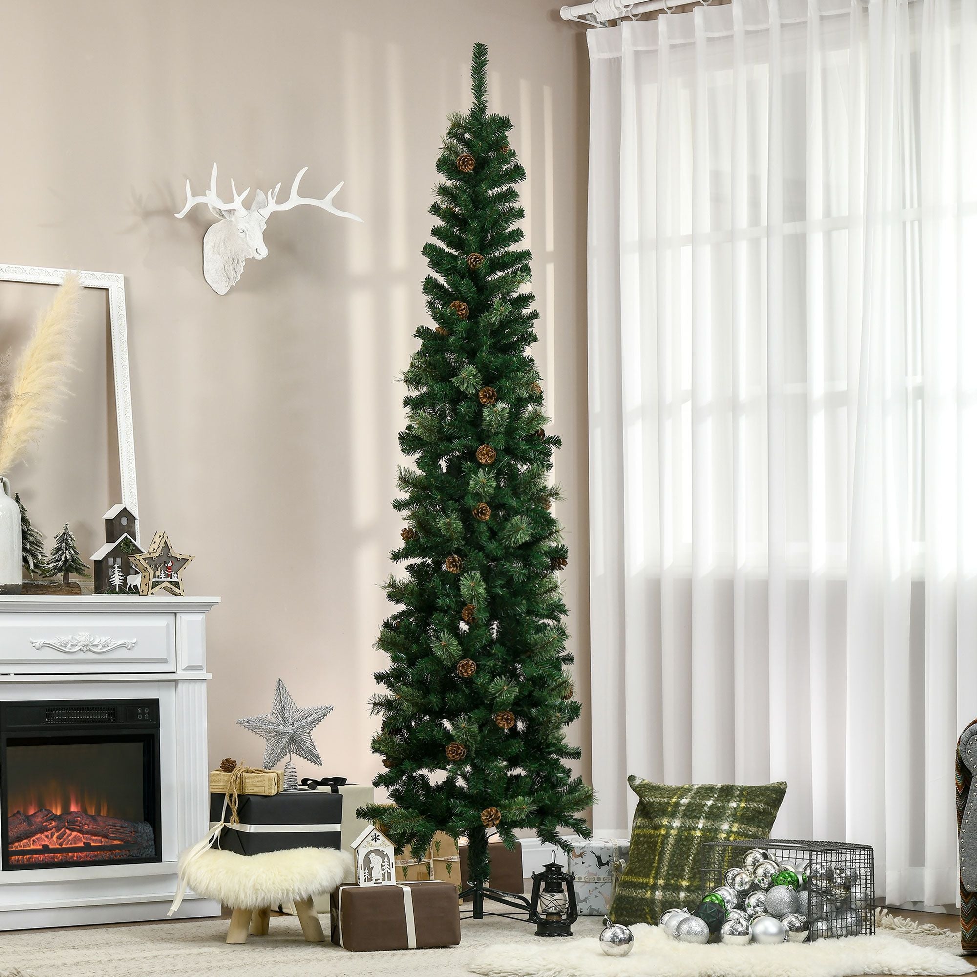 HOMCOM 7.5 ft Slim Pencil Artificial Christmas Tree, Green
