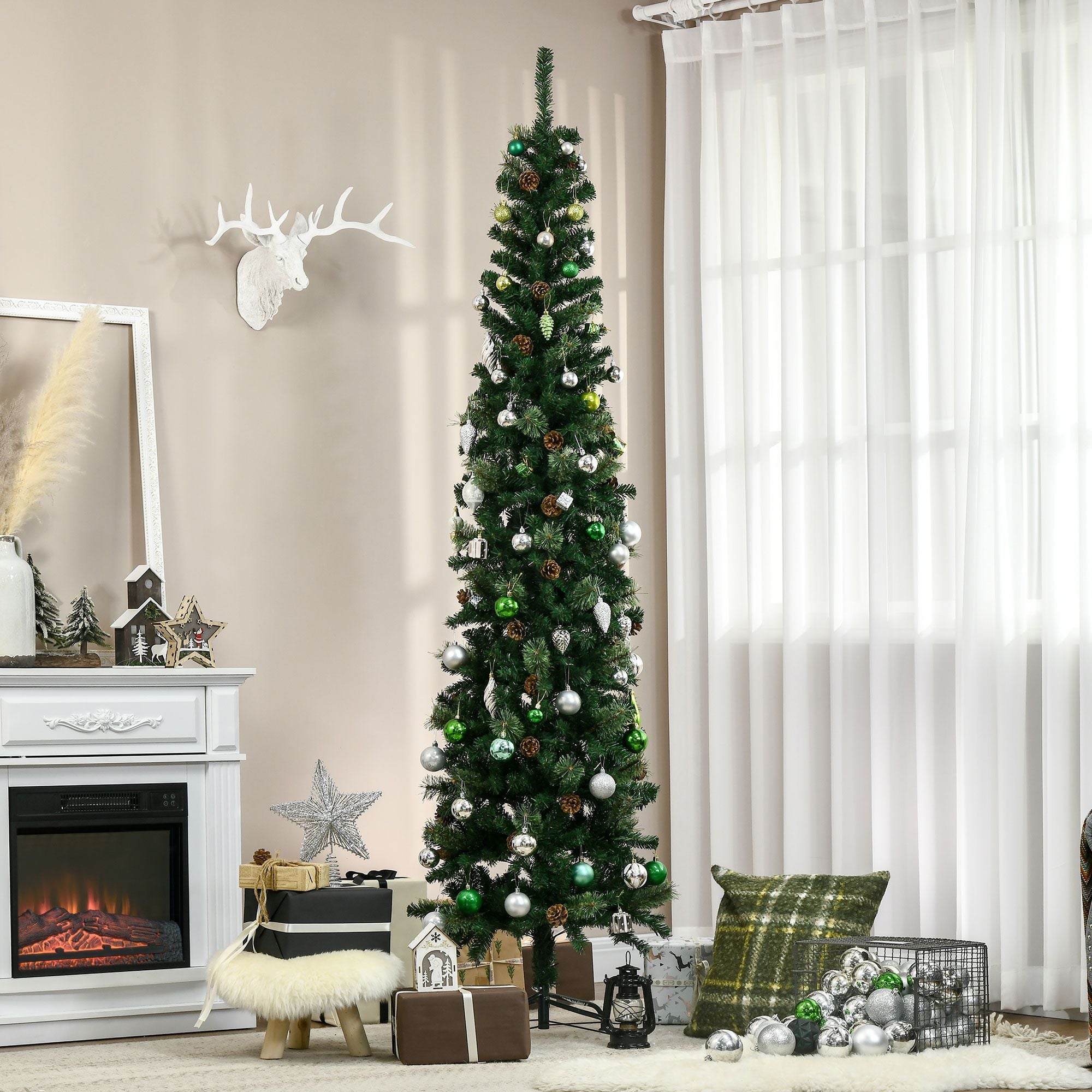 HOMCOM 7.5 ft Slim Pencil Artificial Christmas Tree, Green