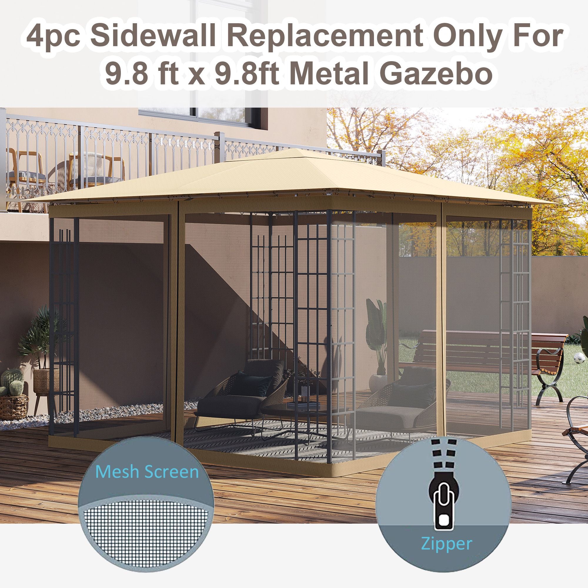 Outsunny Replacement Mesh Sidewall Netting for 10 x 10 ft Gazebos, Beige