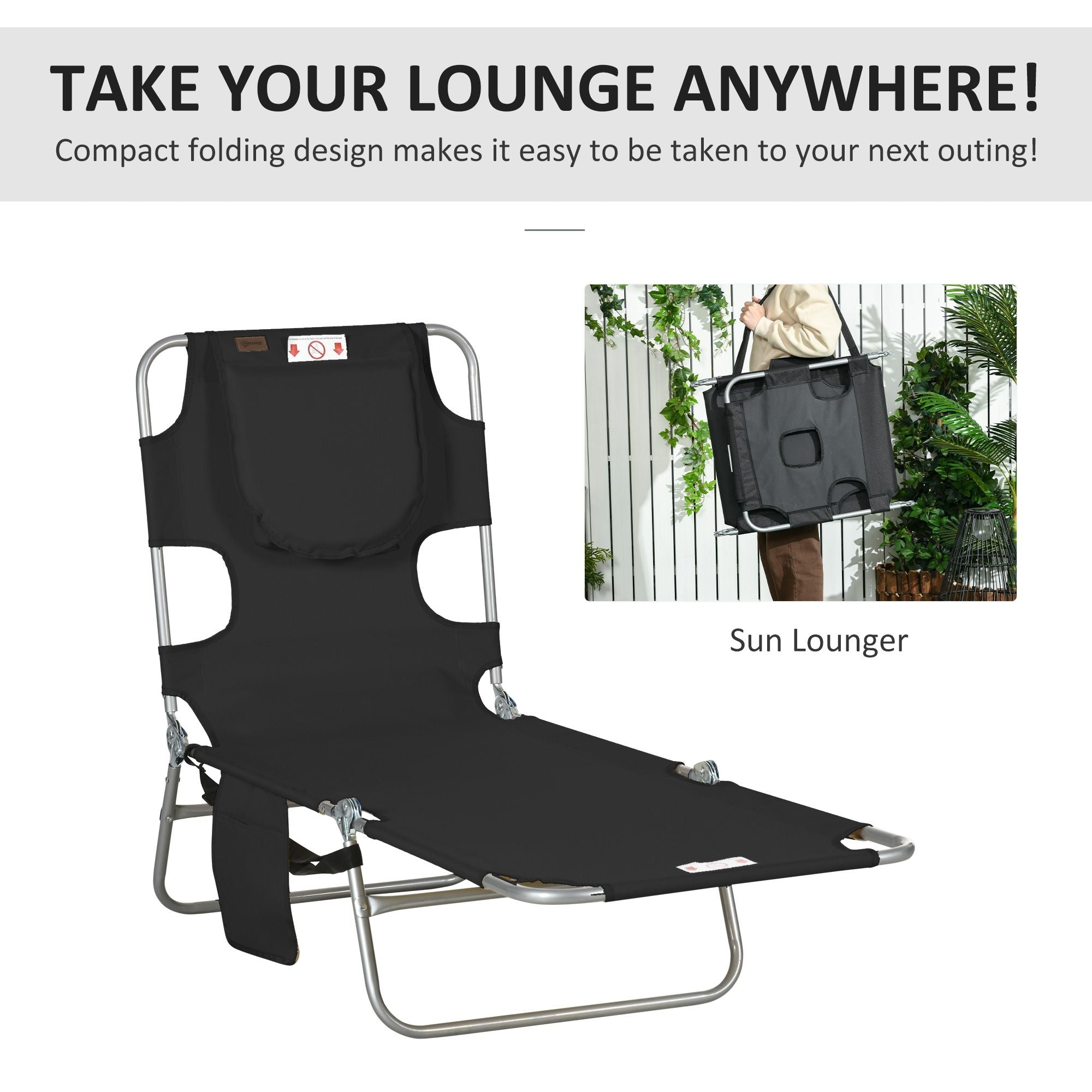 Outsunny Folding 5-Position Tanning Chaise Lounge Chair, Black