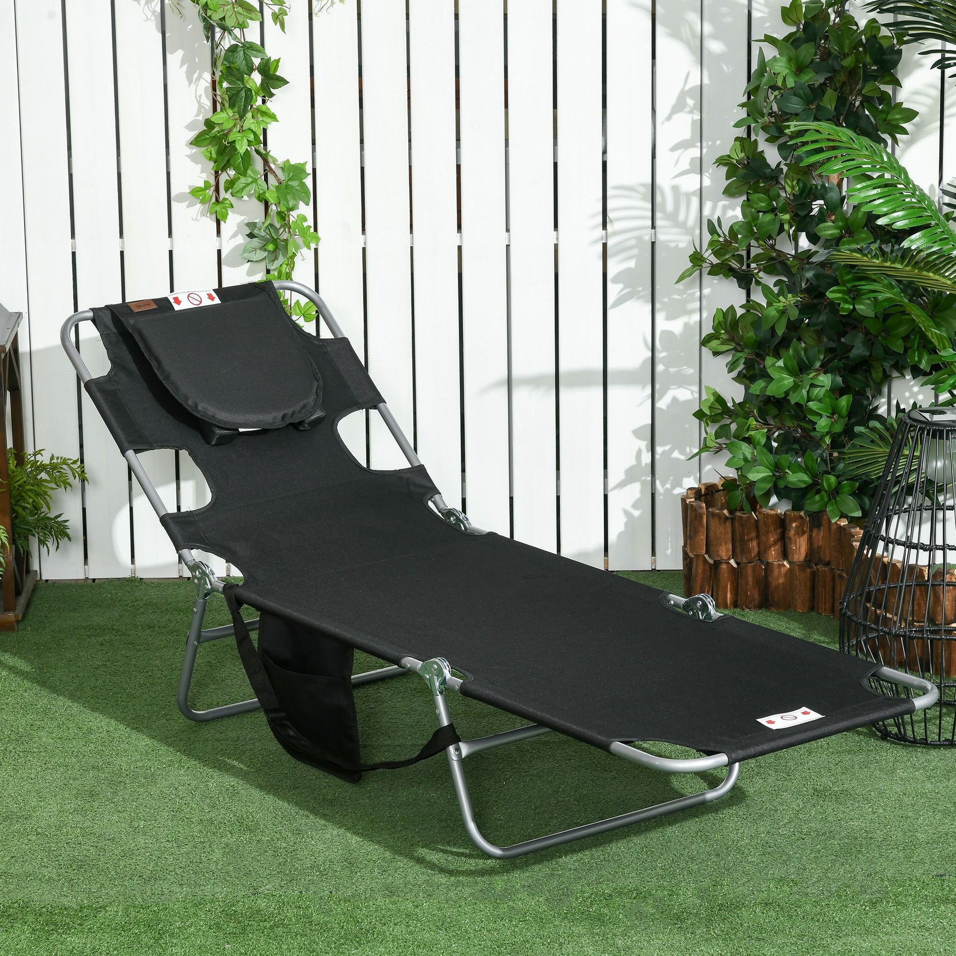 Outsunny Folding 5-Position Tanning Chaise Lounge Chair, Black