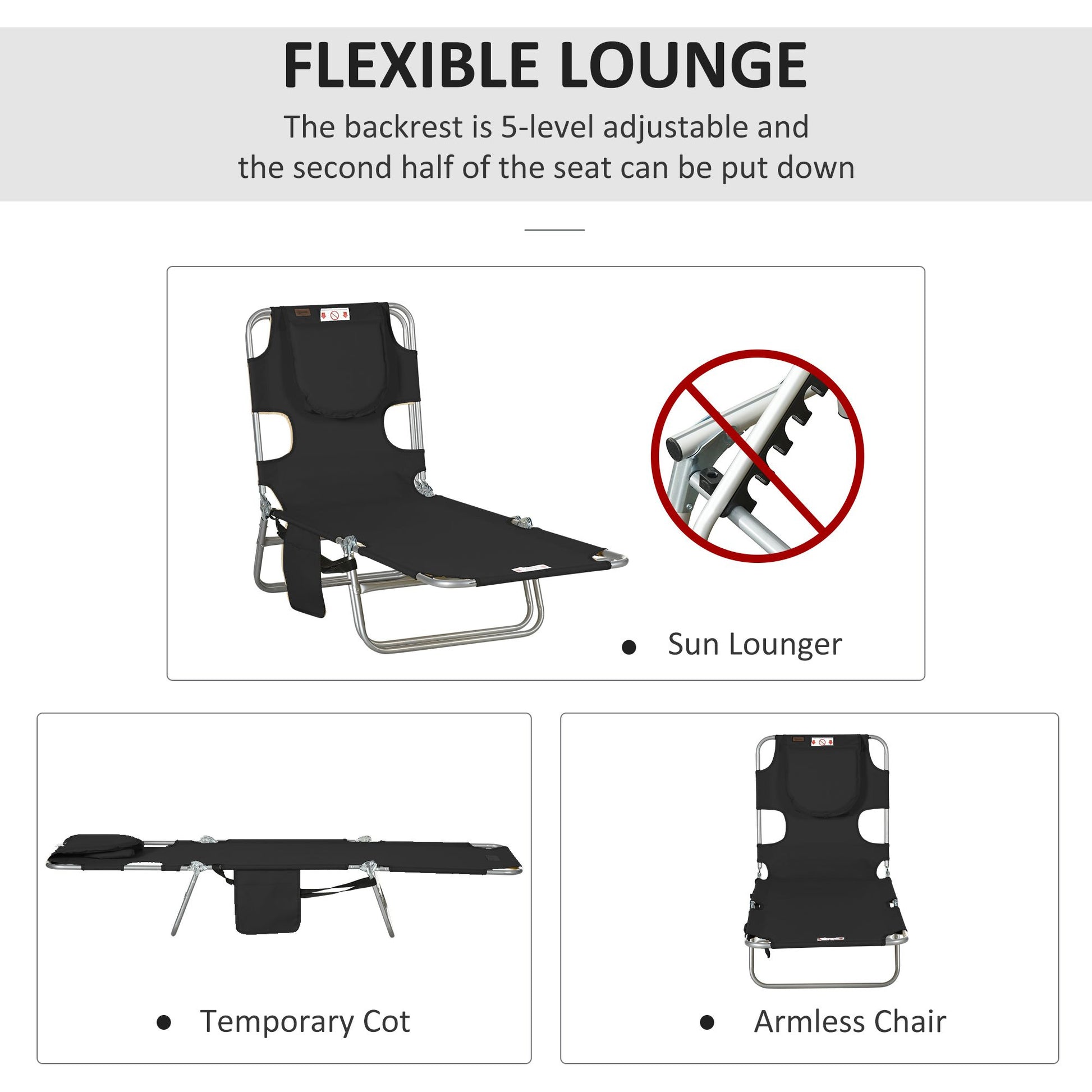 Outsunny Folding 5-Position Tanning Chaise Lounge Chair, Black