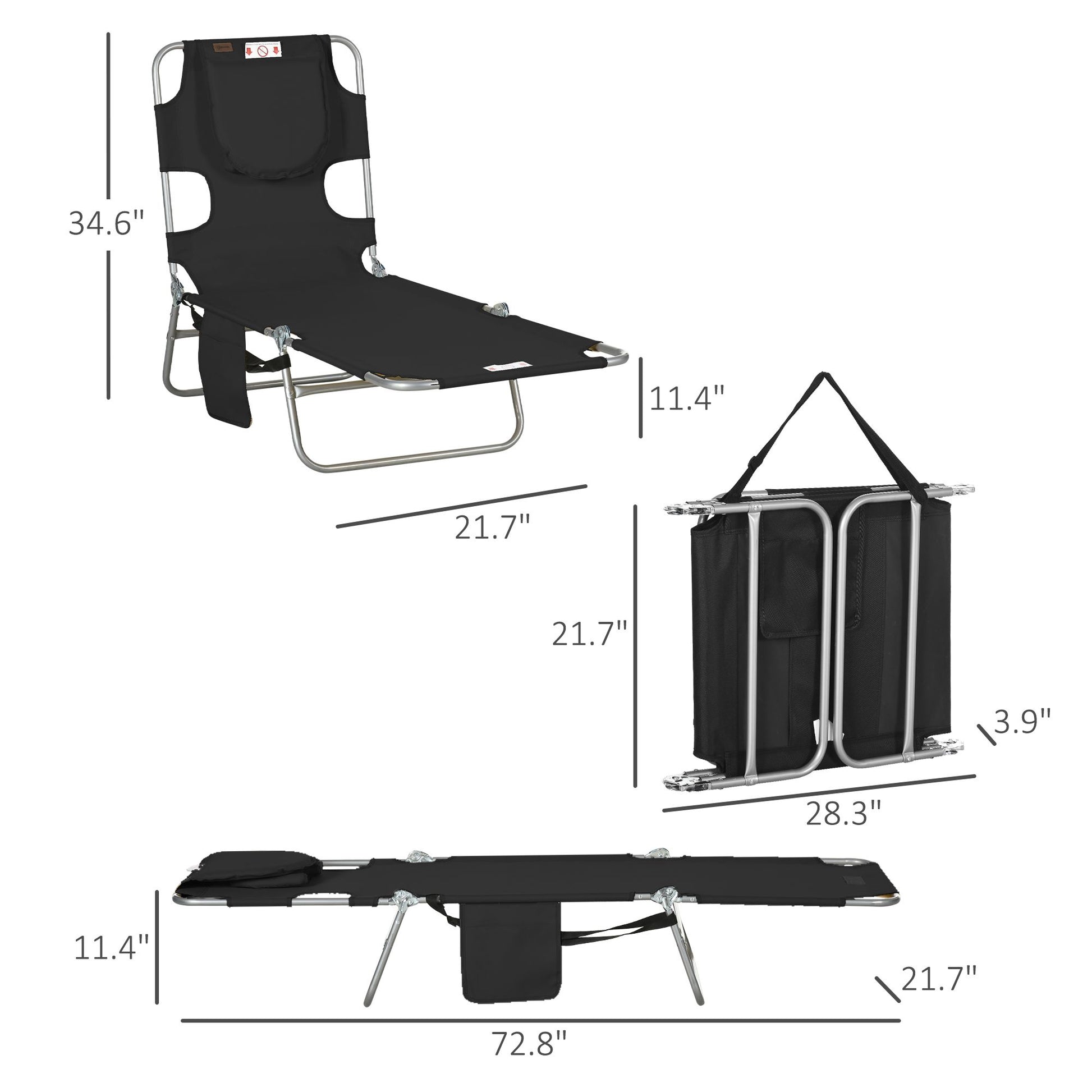 Outsunny Folding 5-Position Tanning Chaise Lounge Chair, Black