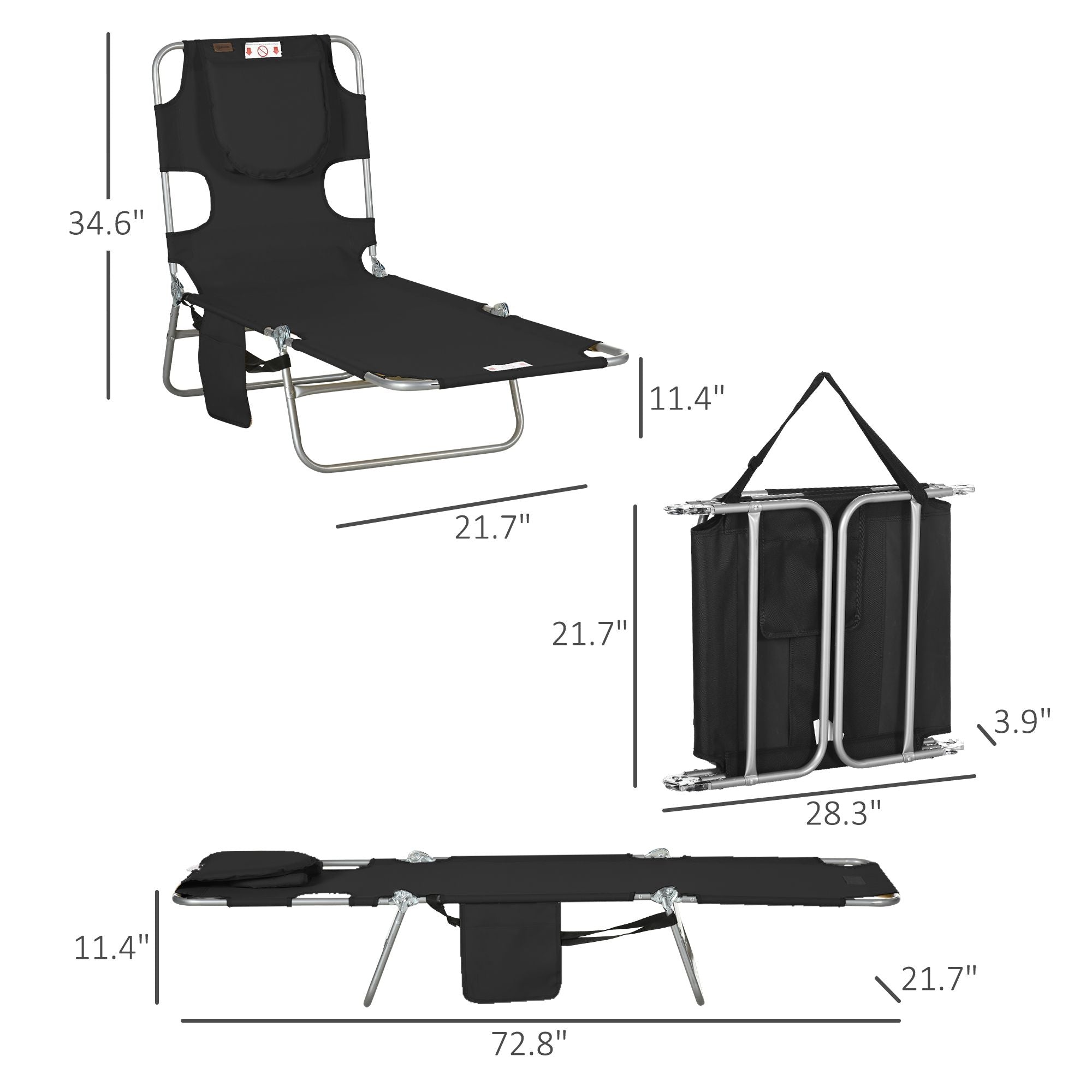Outsunny Folding 5-Position Tanning Chaise Lounge Chair, Black