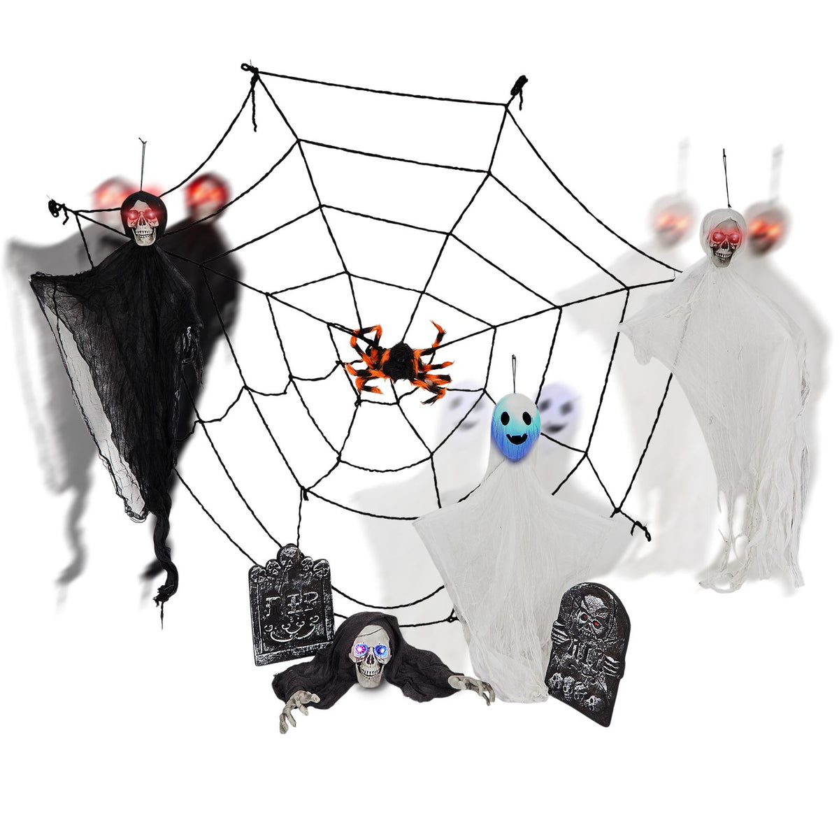 Outdoor Halloween Decorations 8-Piece Set, Hanging Ghosts Decor and Cobweb and Gravestone with Lighted Up Eyes, Scary Swinging Ghost Flying for Yard - product view 2