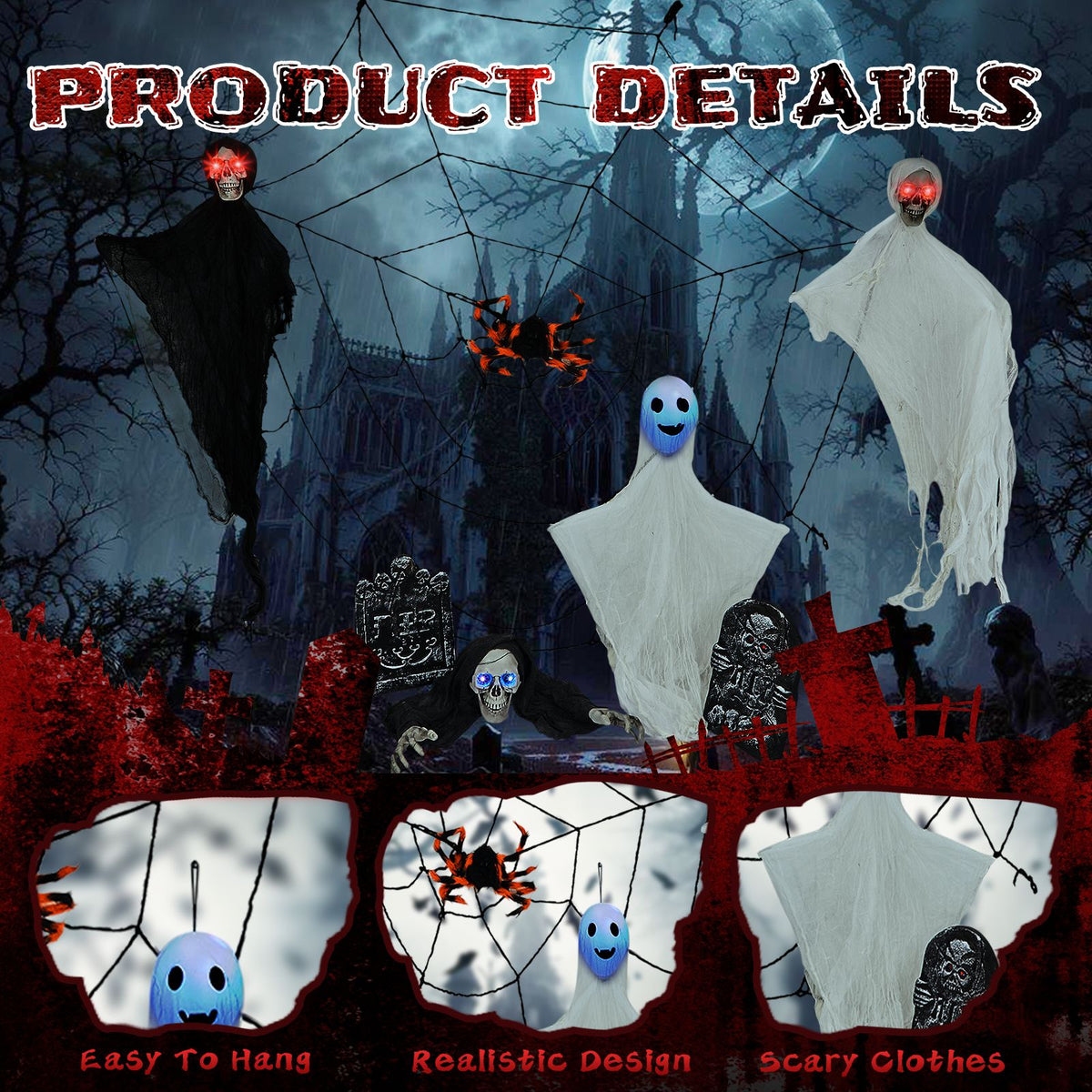 Outdoor Halloween Decorations 8-Piece Set, Hanging Ghosts Decor and Cobweb and Gravestone with Lighted Up Eyes, Scary Swinging Ghost Flying for Yard - product view 5