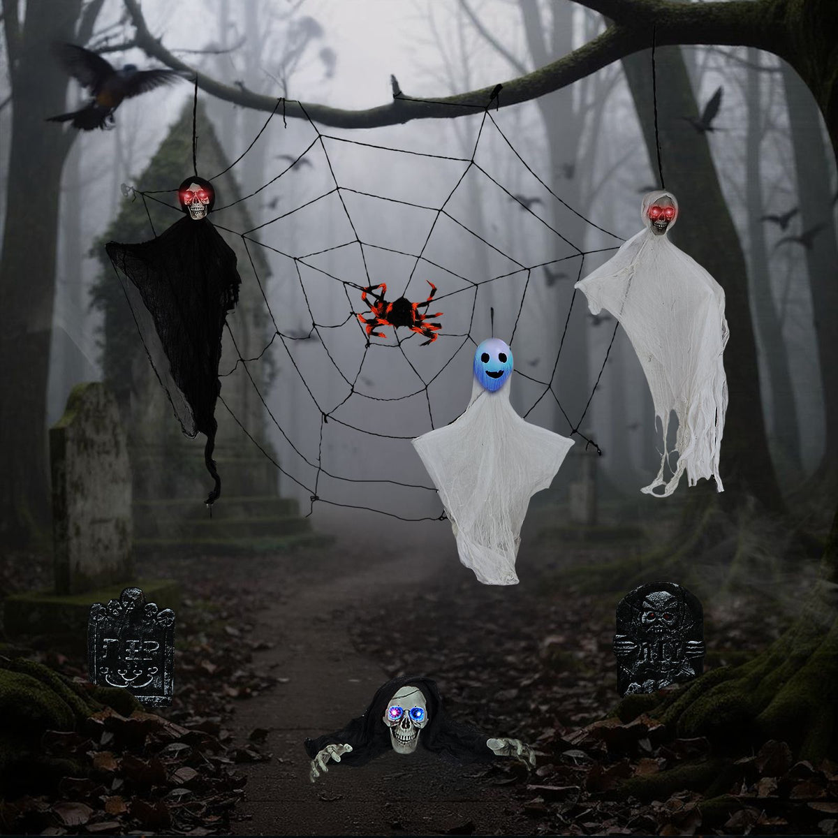 Outdoor Halloween Decorations 8-Piece Set, Hanging Ghosts Decor and Cobweb and Gravestone with Lighted Up Eyes, Scary Swinging Ghost Flying for Yard - product view 10