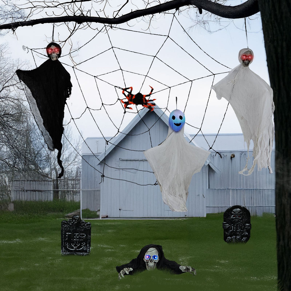 Outdoor Halloween Decorations 8-Piece Set, Hanging Ghosts Decor and Cobweb and Gravestone with Lighted Up Eyes, Scary Swinging Ghost Flying for Yard - product view 12