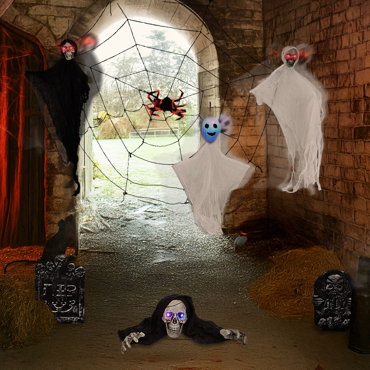 Outdoor Halloween Decorations 8-Piece Set, Hanging Ghosts Decor and Cobweb and Gravestone with Lighted Up Eyes, Scary Swinging Ghost Flying for Yard - product view 11