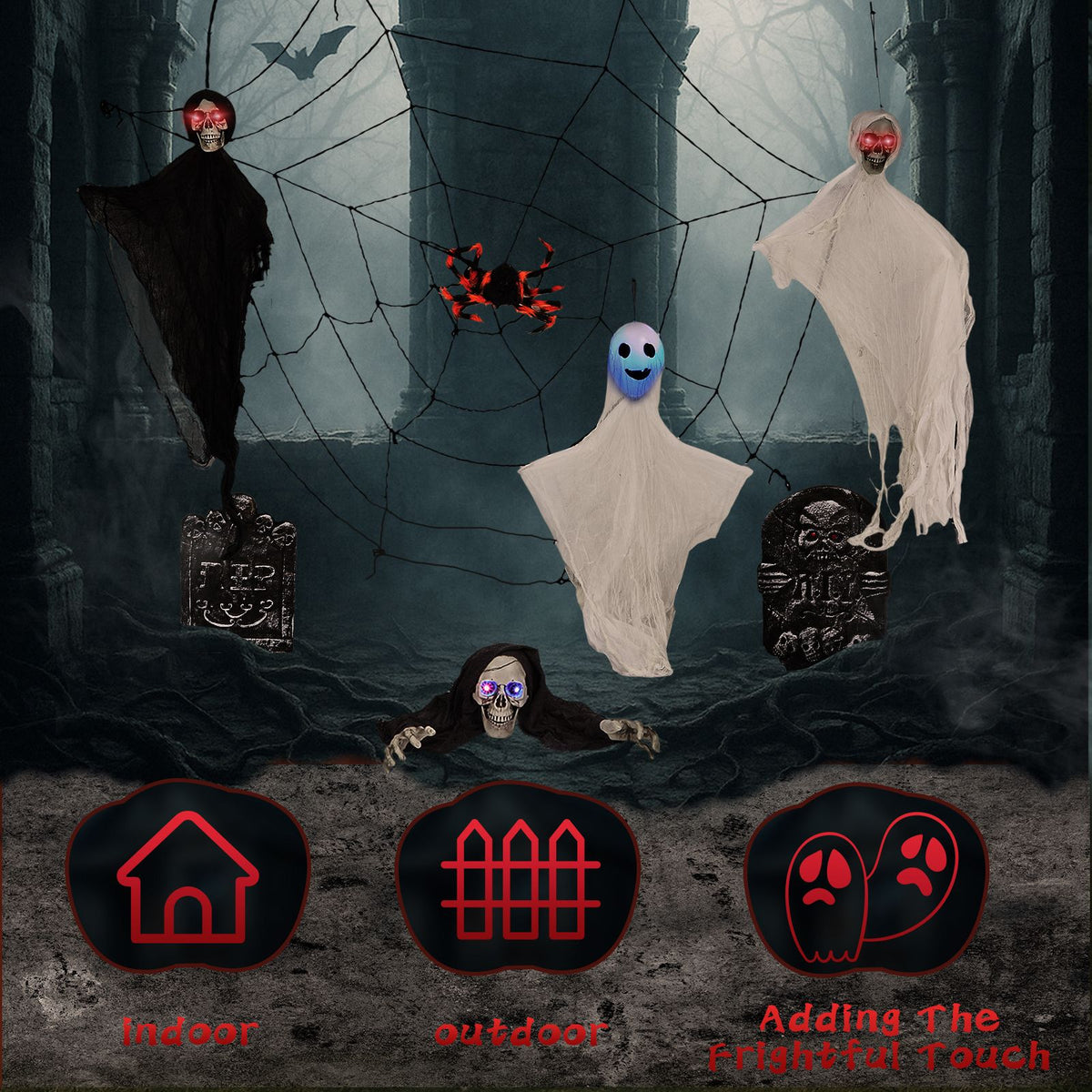Outdoor Halloween Decorations 8-Piece Set, Hanging Ghosts Decor and Cobweb and Gravestone with Lighted Up Eyes, Scary Swinging Ghost Flying for Yard - product view 8