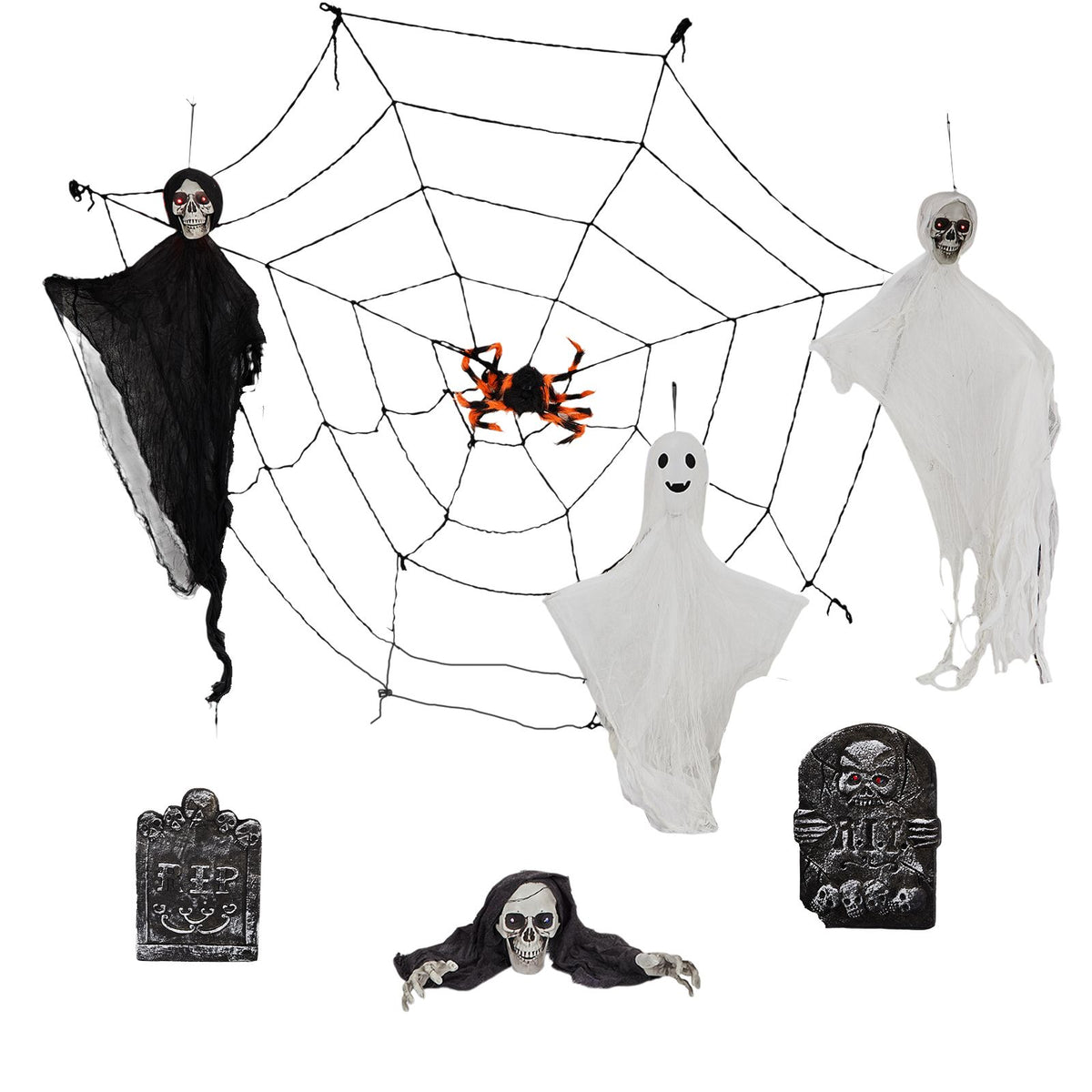 Outdoor Halloween Decorations 8-Piece Set, Hanging Ghosts Decor and Cobweb and Gravestone with Lighted Up Eyes, Scary Swinging Ghost Flying for Yard