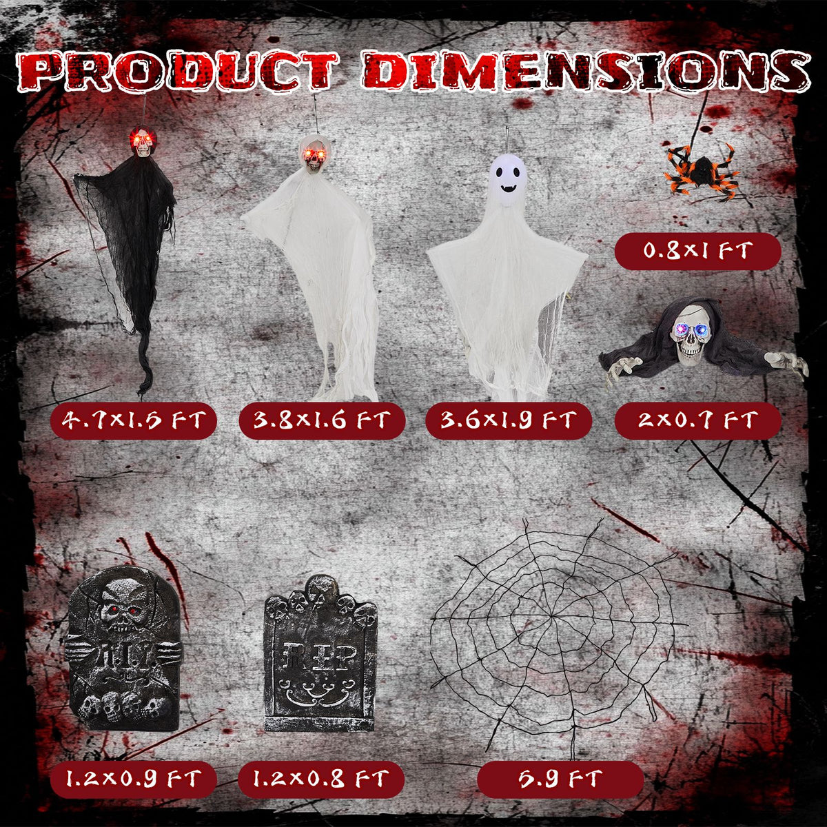 Outdoor Halloween Decorations 8-Piece Set, Hanging Ghosts Decor and Cobweb and Gravestone with Lighted Up Eyes, Scary Swinging Ghost Flying for Yard - product view 6
