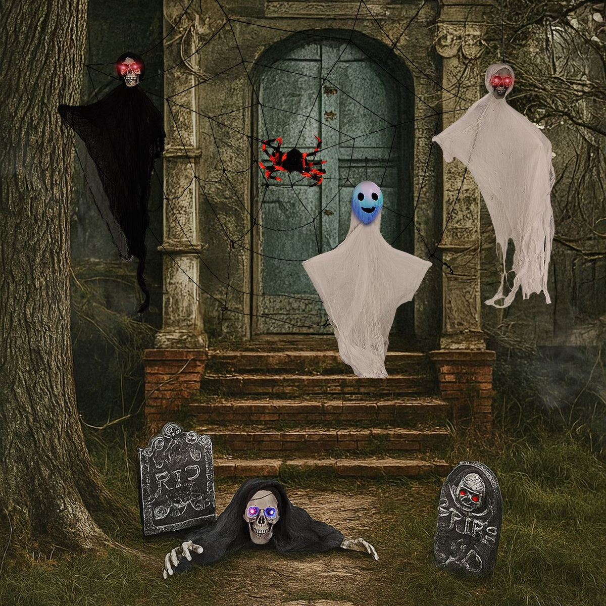 Outdoor Halloween Decorations 8-Piece Set, Hanging Ghosts Decor and Cobweb and Gravestone with Lighted Up Eyes, Scary Swinging Ghost Flying for Yard - product view 9