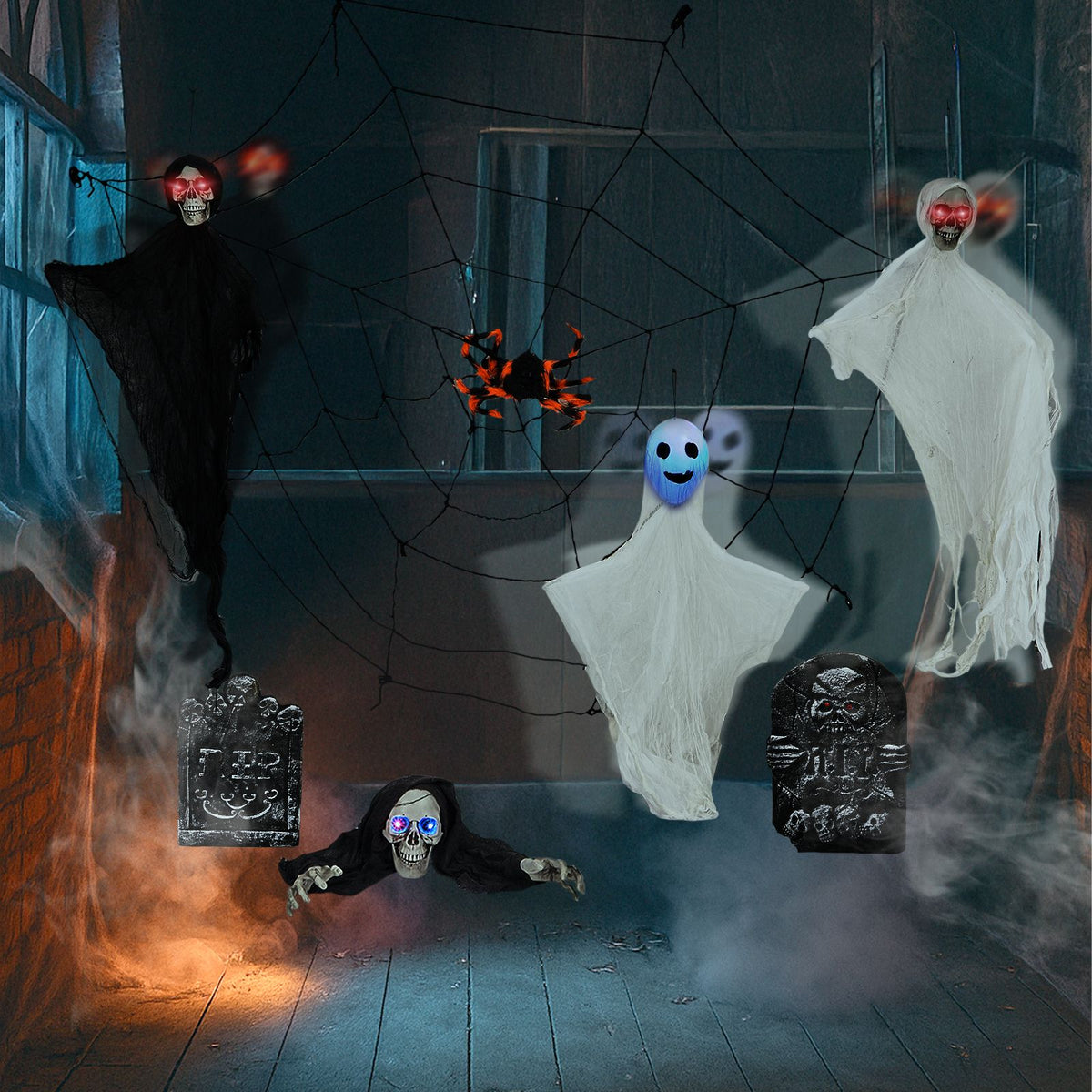 Outdoor Halloween Decorations 8-Piece Set, Hanging Ghosts Decor and Cobweb and Gravestone with Lighted Up Eyes, Scary Swinging Ghost Flying for Yard - product view 4
