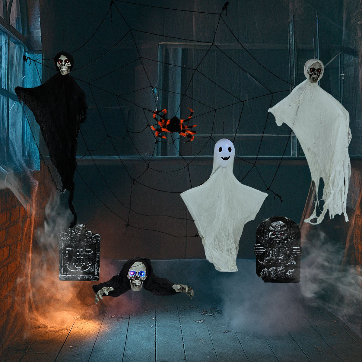 Outdoor Halloween Decorations 8-Piece Set, Hanging Ghosts Decor and Cobweb and Gravestone with Lighted Up Eyes, Scary Swinging Ghost Flying for Yard - product view 3