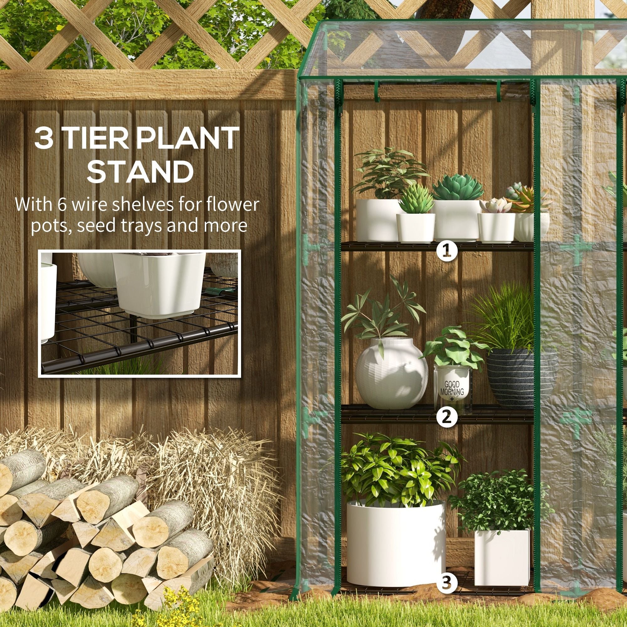 Outsunny Lean-To Portable Greenhouse with 3-Tier Shelves, Clear