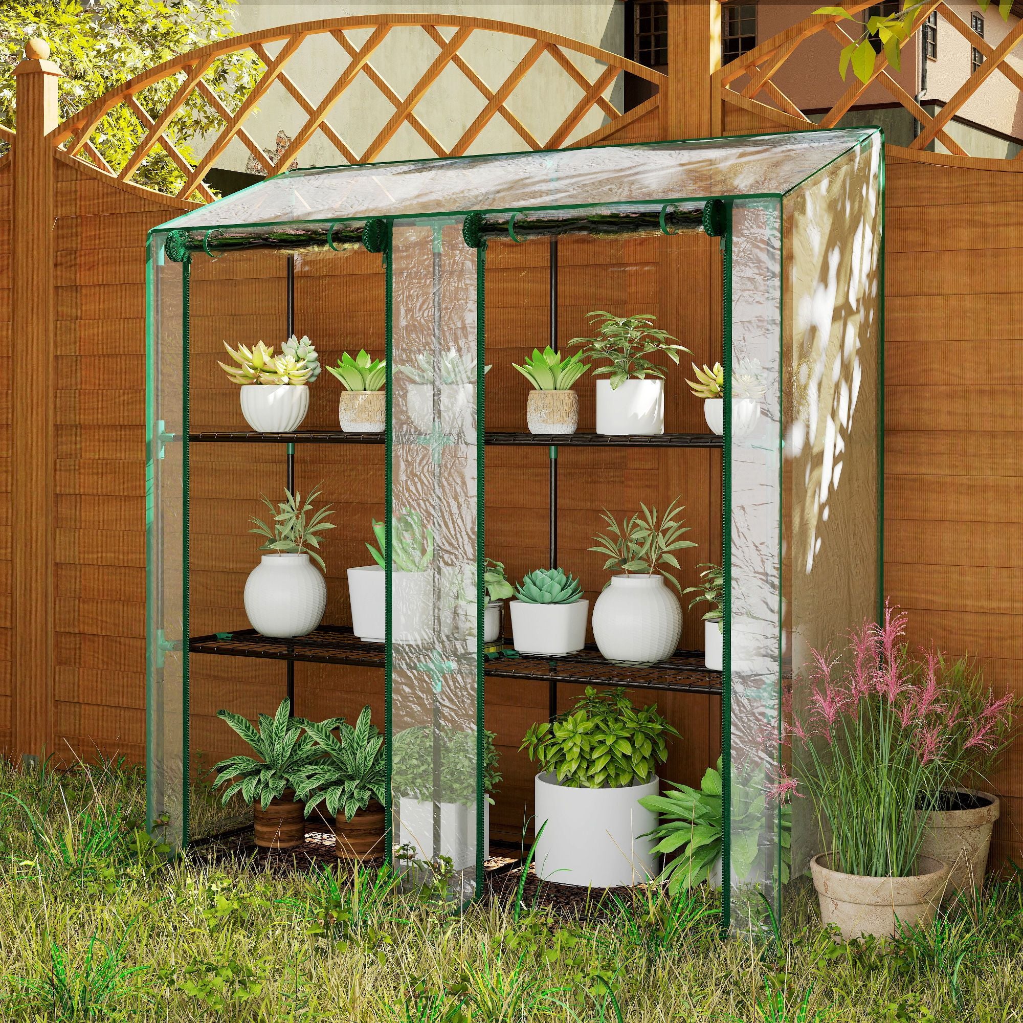 Outsunny Lean-To Portable Greenhouse with 3-Tier Shelves, Clear