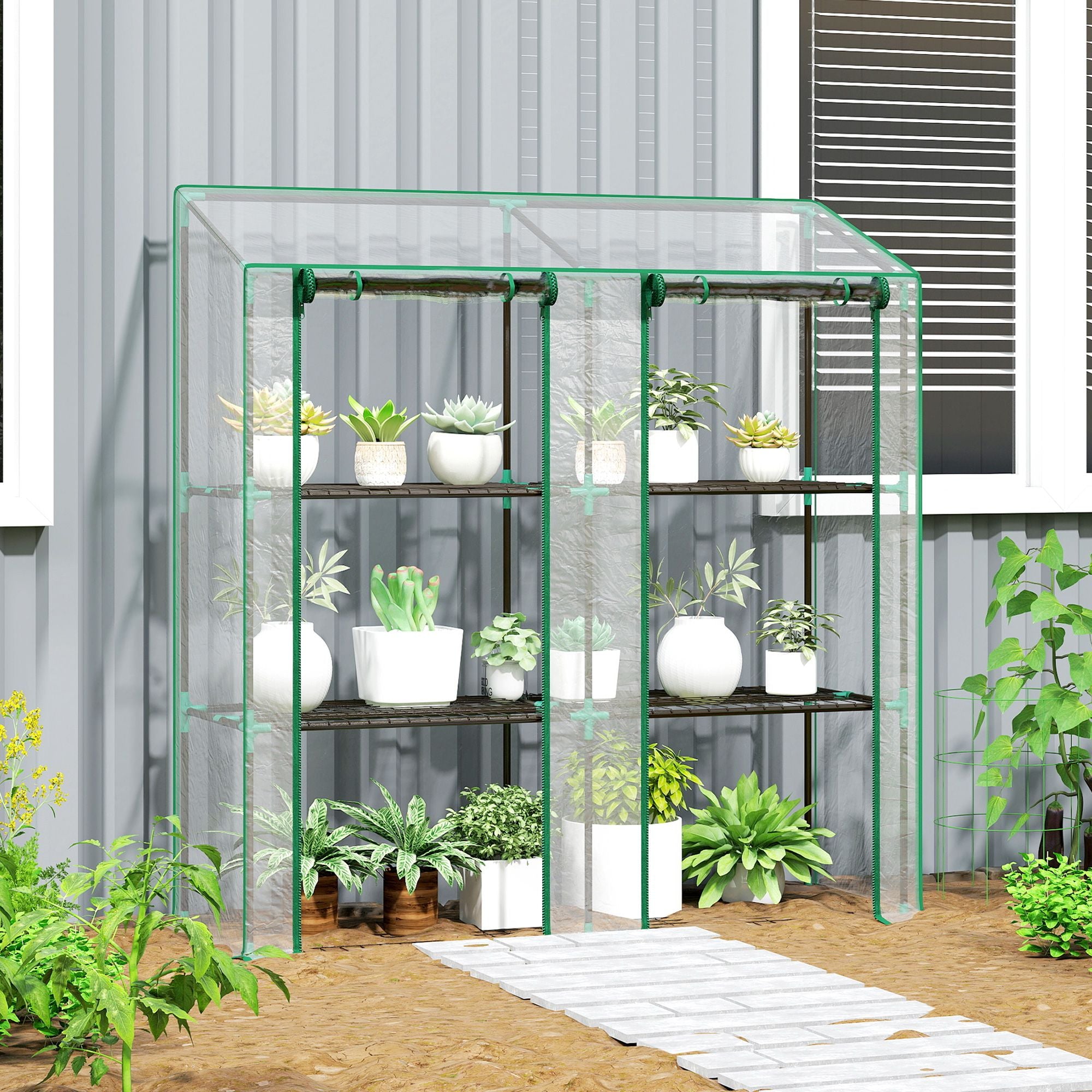 Outsunny Lean-To Portable Greenhouse with 3-Tier Shelves, Clear