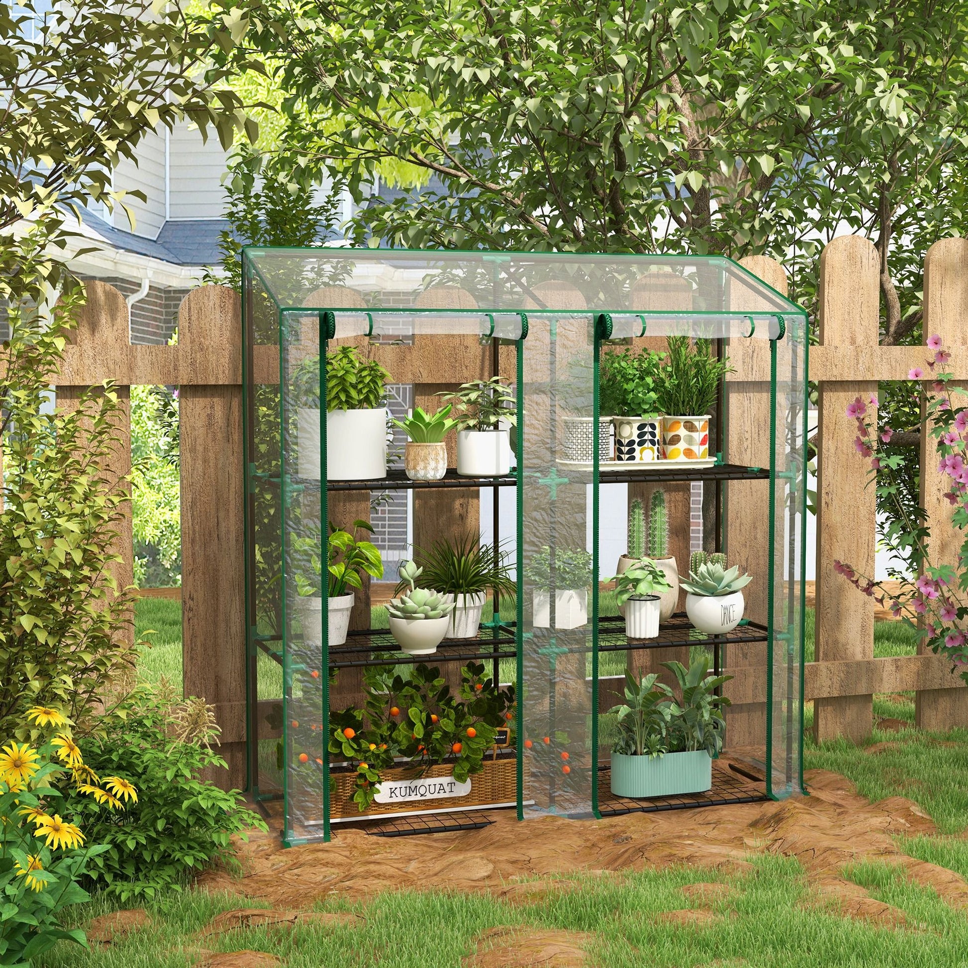 Outsunny Lean-To Portable Greenhouse with 3-Tier Shelves, Clear