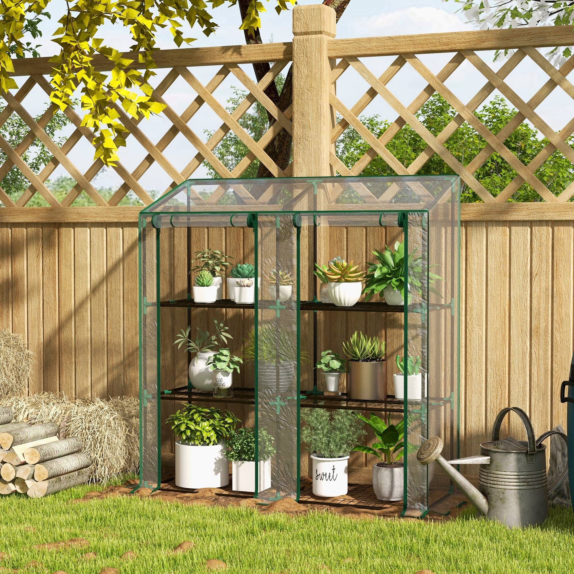 Outsunny Lean-To Portable Greenhouse with 3-Tier Shelves, Clear