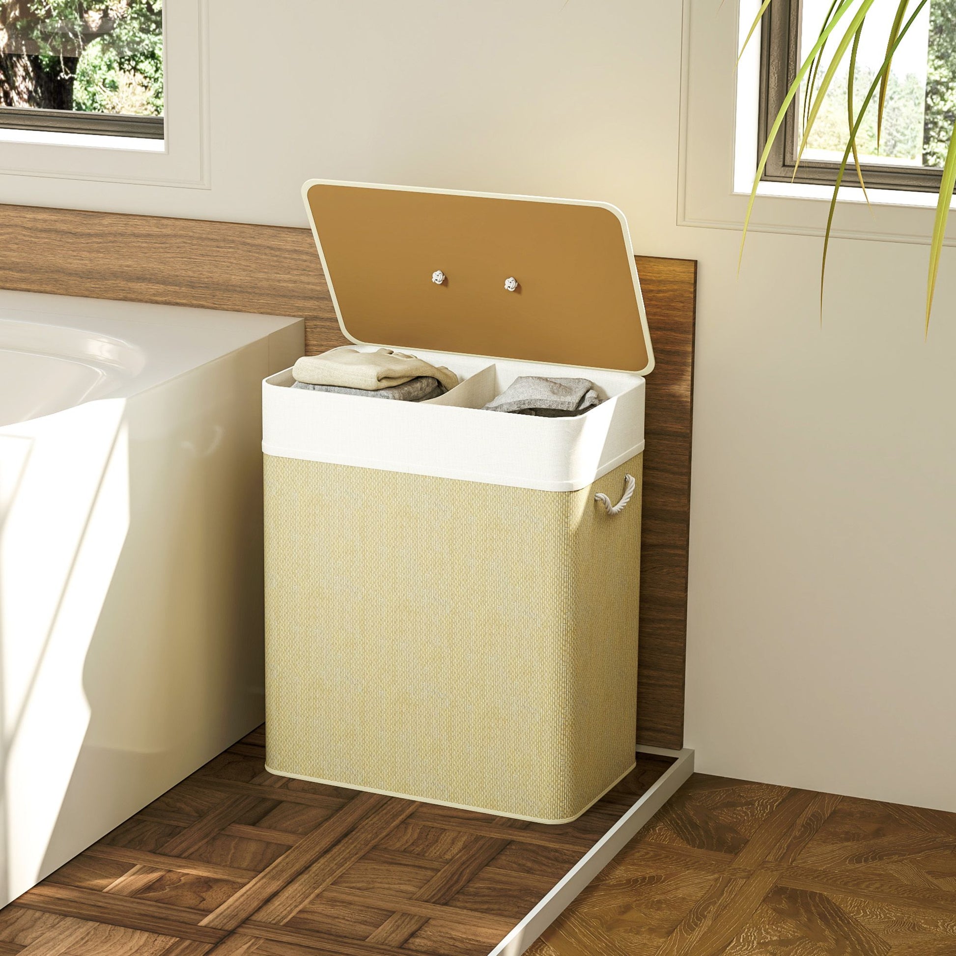 HOMCOM 26.4 Gallon Double Bamboo Laundry Hamper with Lid, Natural