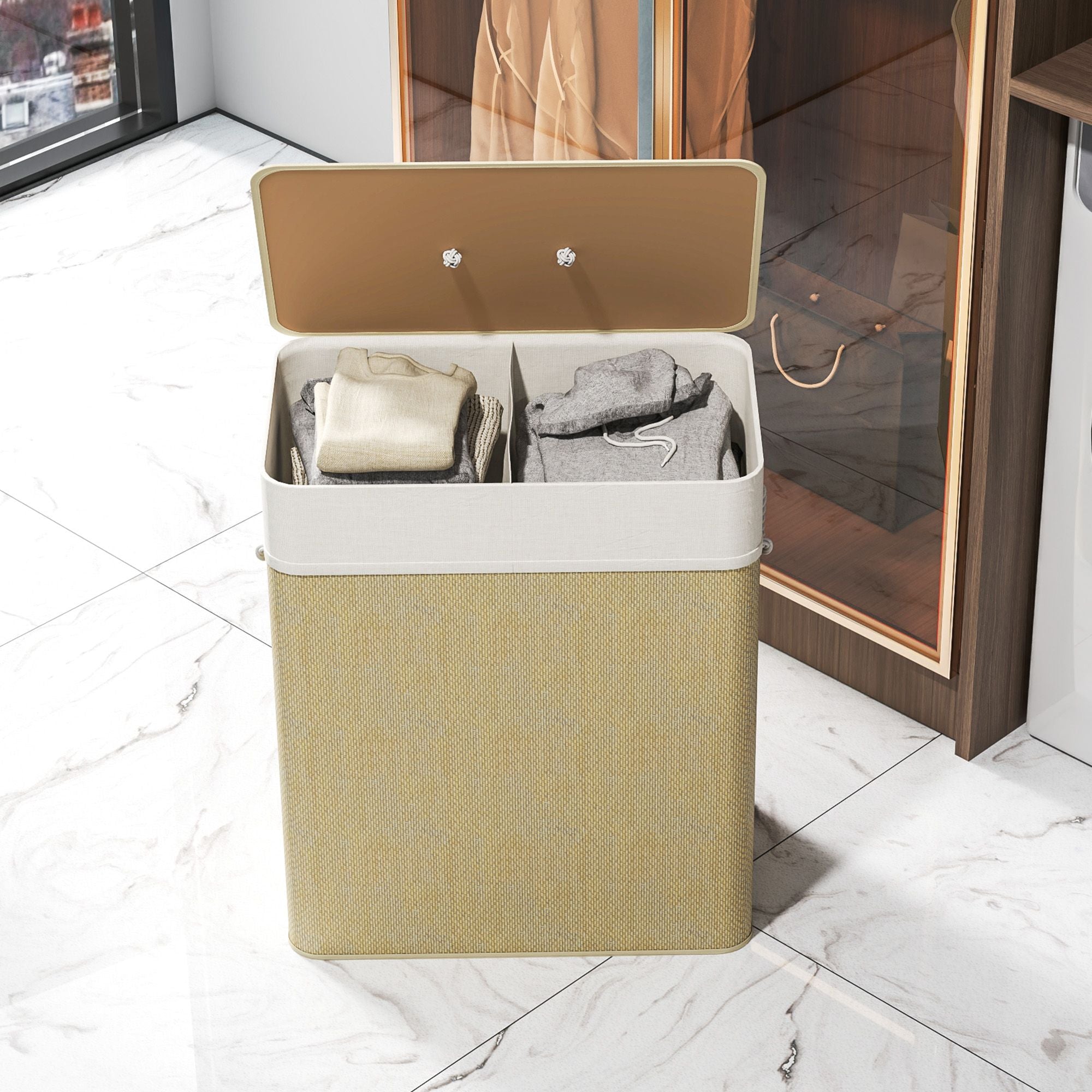 HOMCOM 26.4 Gallon Double Bamboo Laundry Hamper with Lid, Natural