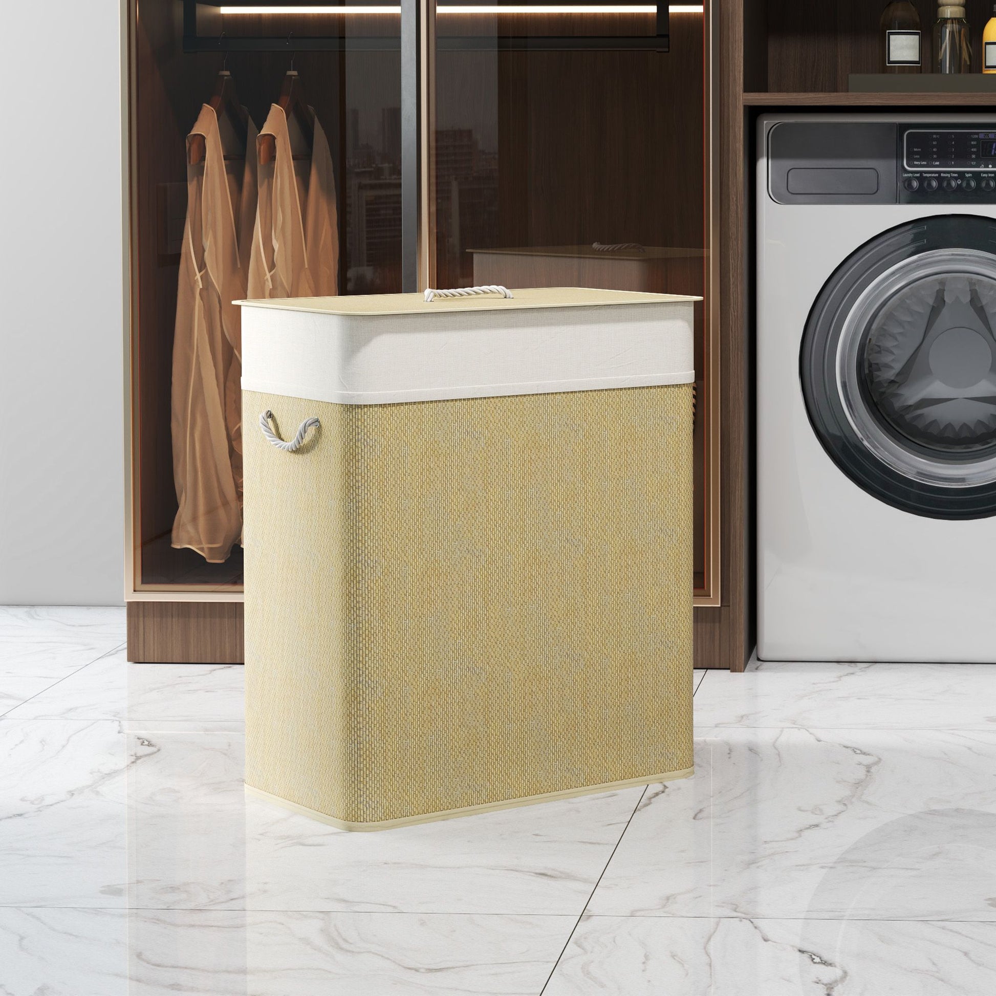 HOMCOM 26.4 Gallon Double Bamboo Laundry Hamper with Lid, Natural