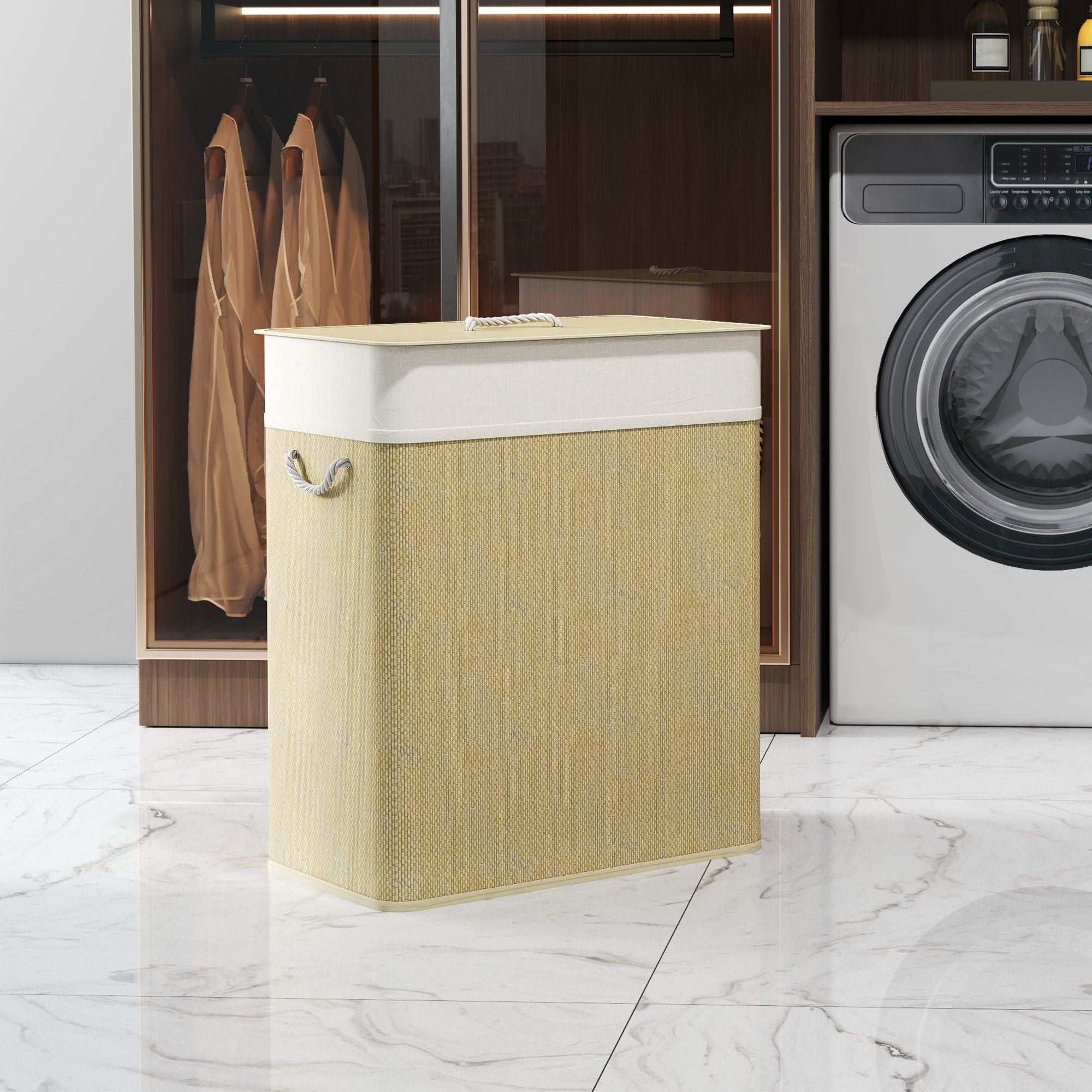 HOMCOM 26.4 Gallon Double Bamboo Laundry Hamper with Lid, Natural