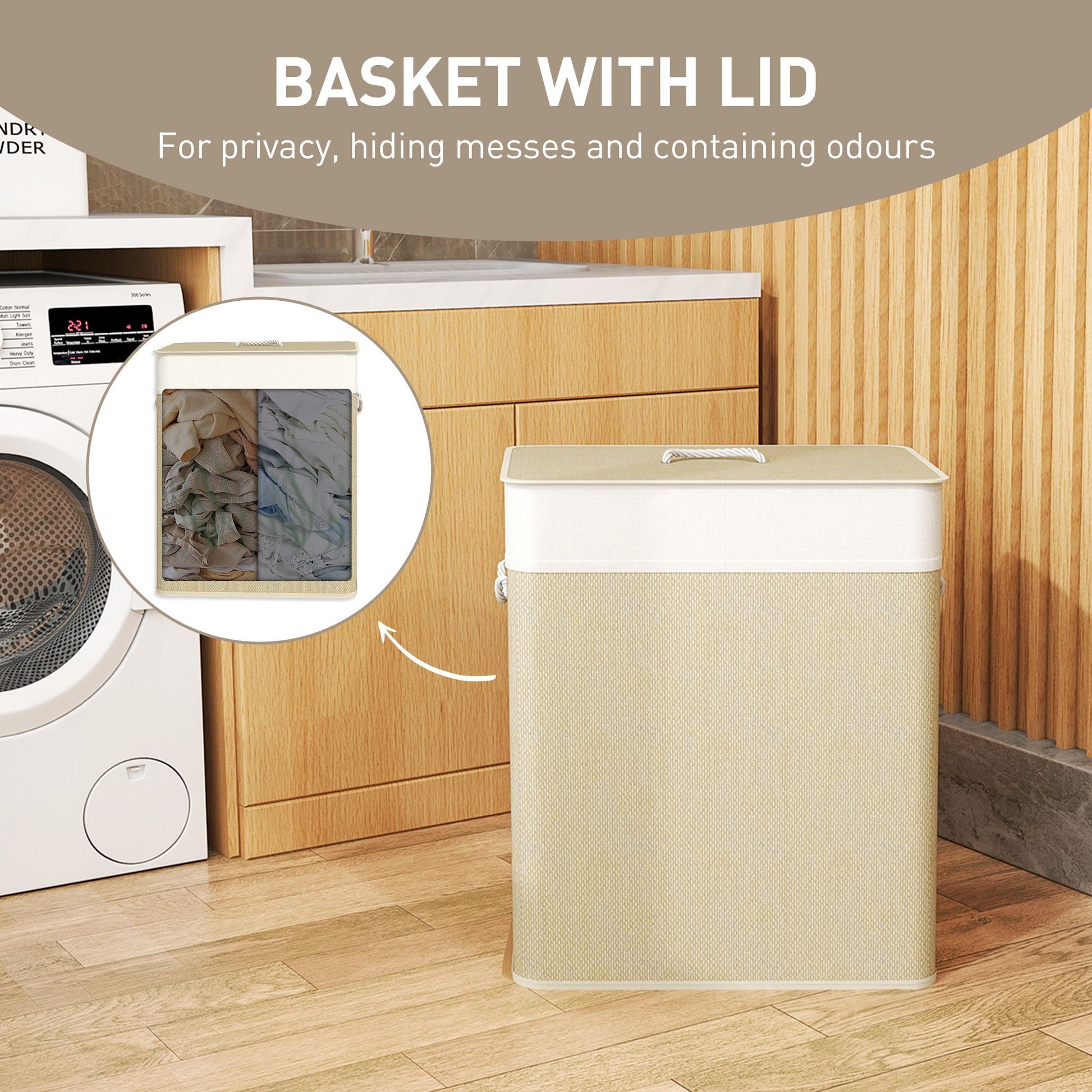 HOMCOM 26.4 Gallon Double Bamboo Laundry Hamper with Lid, Natural