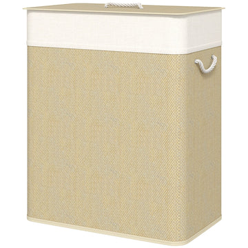 HOMCOM 26.4 Gallon Double Bamboo Laundry Hamper with Lid, Natural