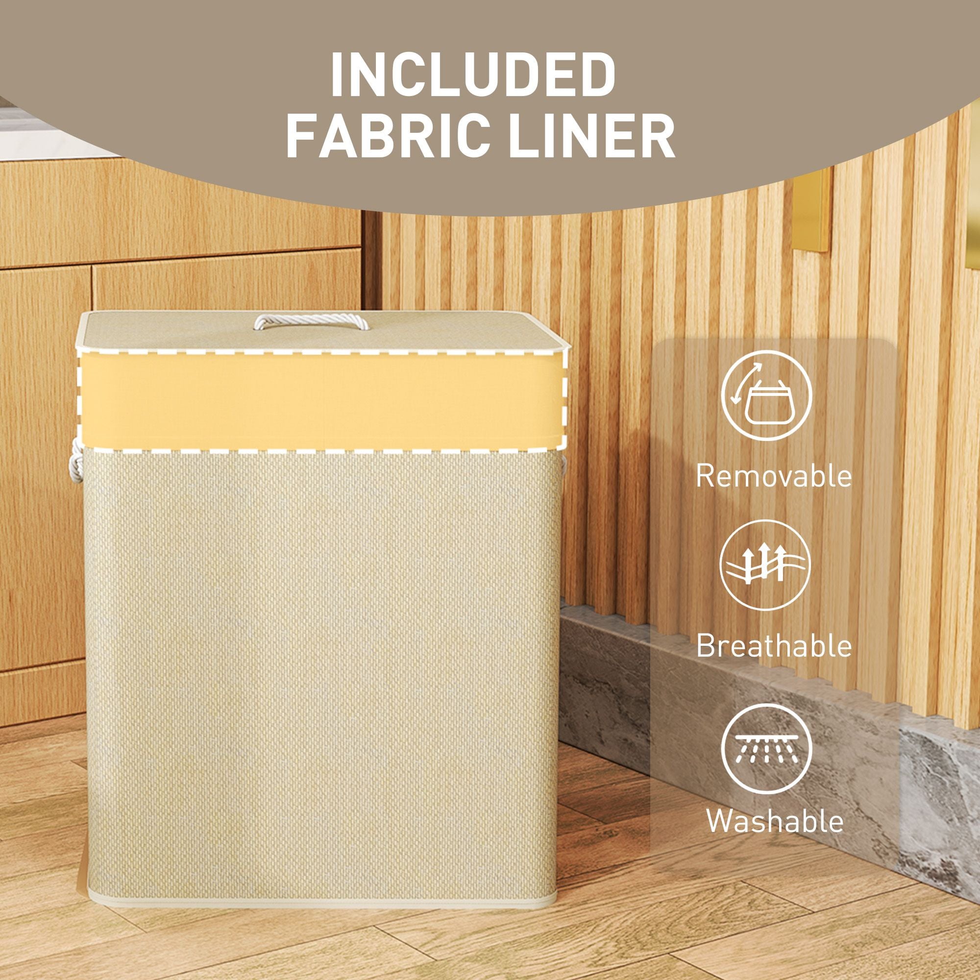 HOMCOM 26.4 Gallon Double Bamboo Laundry Hamper with Lid, Natural