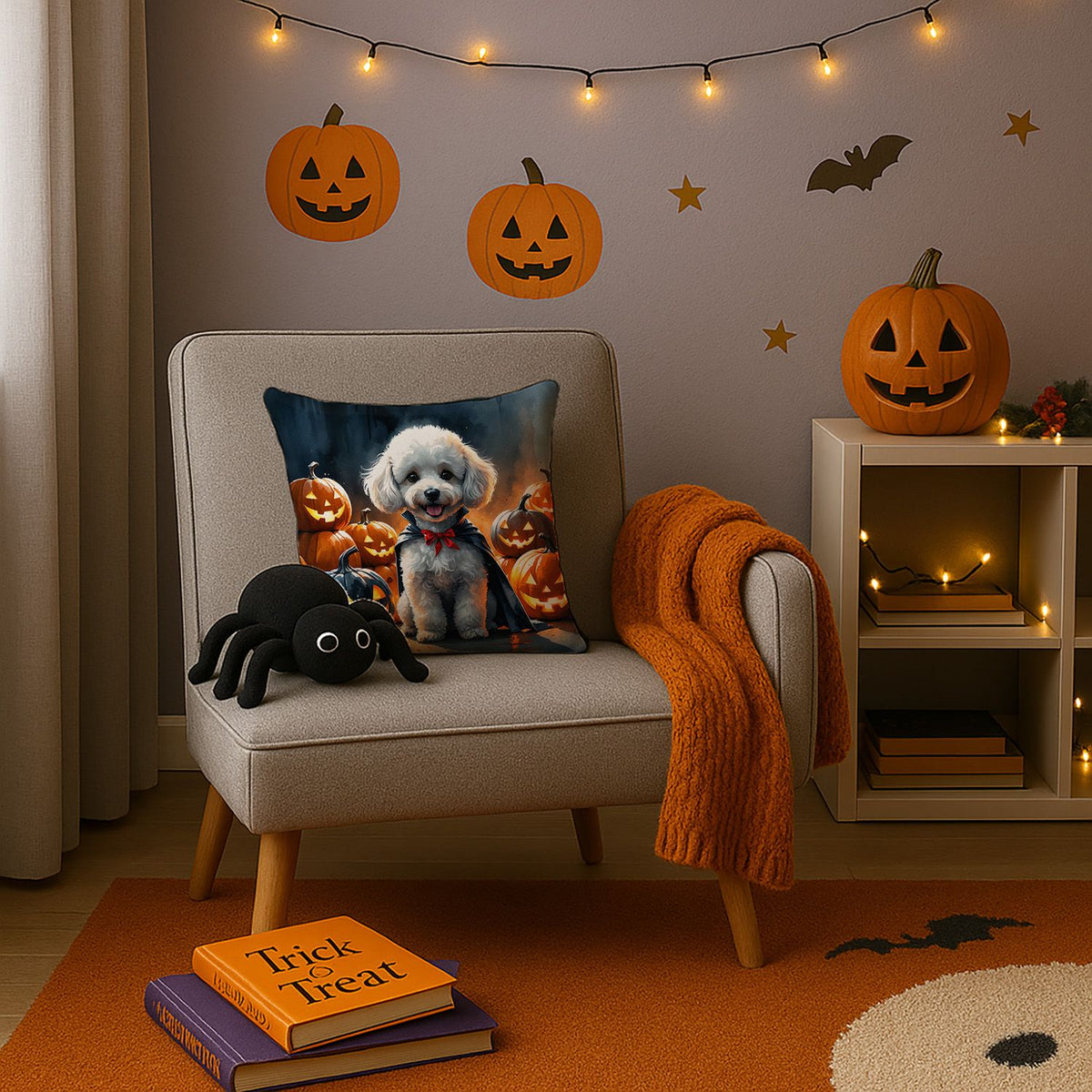 White Poodle Puppy Halloween Throw Pillow Indoor/Outdoor Decorative Throw Pillow, 14 x 14 in - product view 3