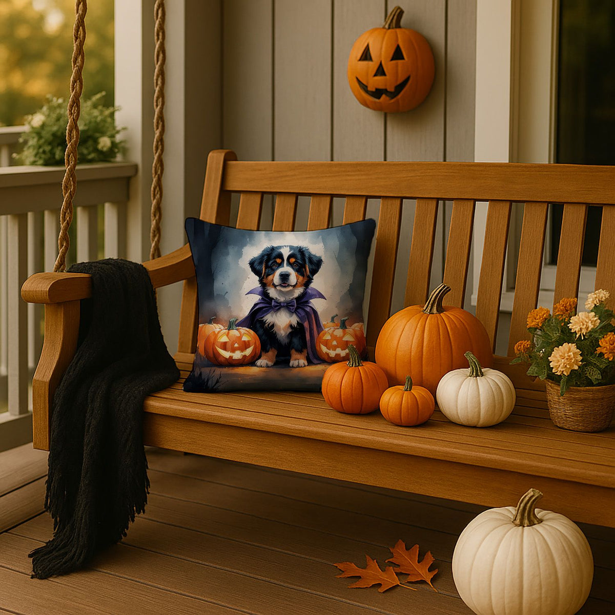 Bernese Mountain Dog Puppy Halloween Throw Pillow Indoor/Outdoor Decorative Throw Pillow, 14 x 14 in - product view 2