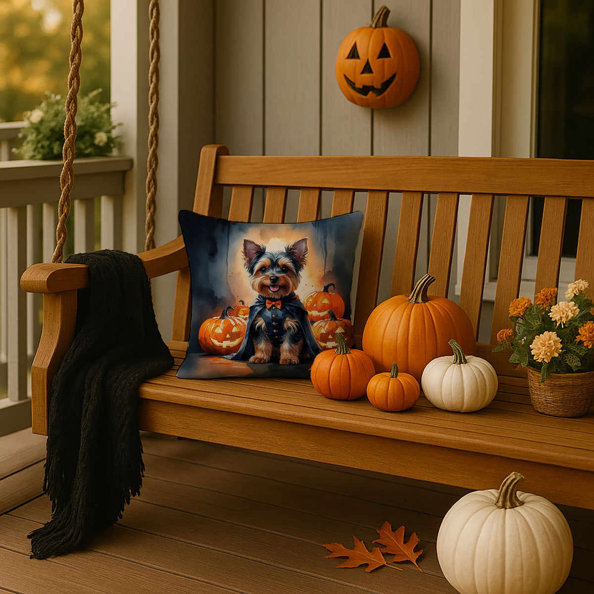 Yorkshire Terrier Yorkie Puppy Halloween Throw Pillow Indoor/Outdoor Decorative Throw Pillow, 14 x 14 in - product view 2
