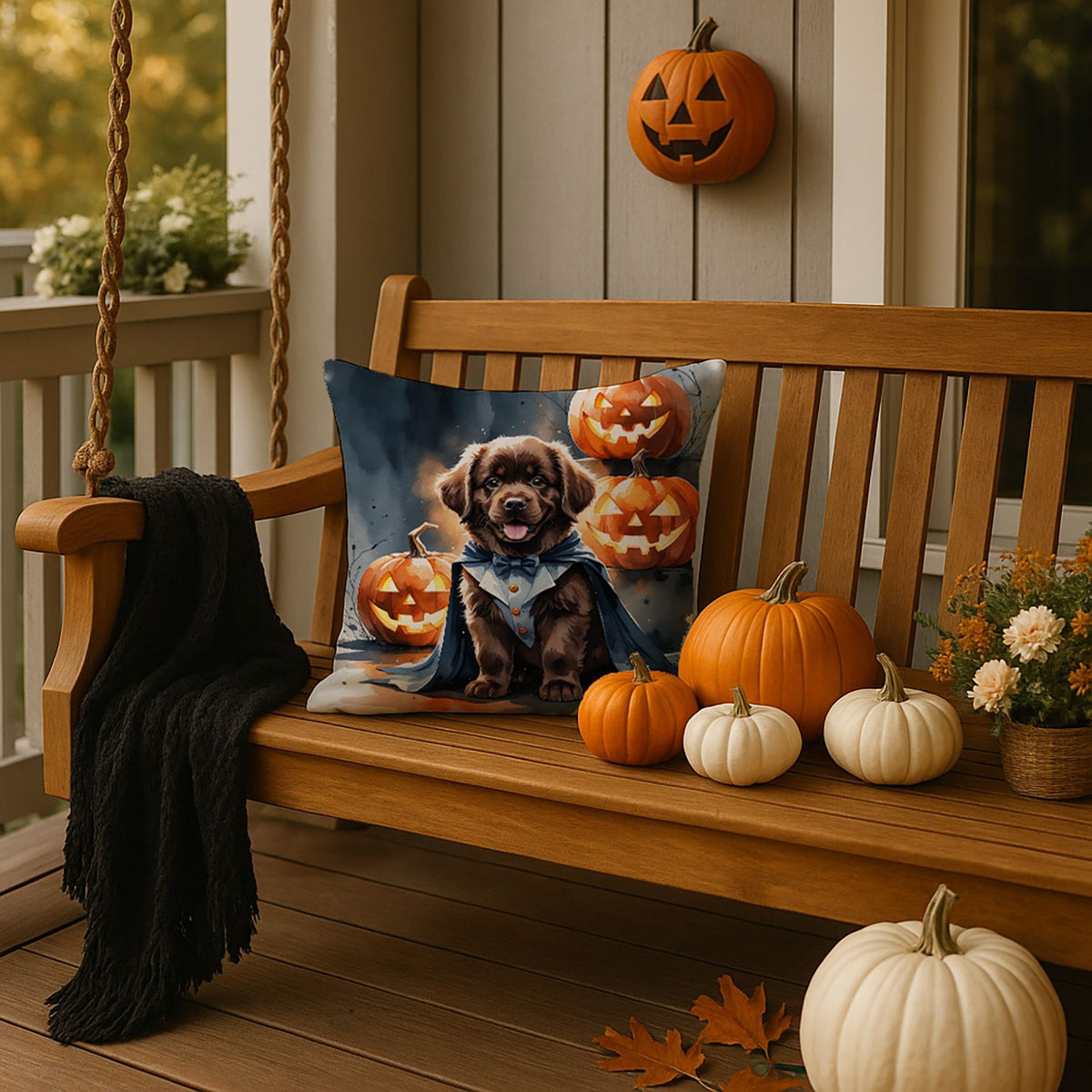 Chocolate Newfoundland Puppy Halloween Throw Pillow Indoor/Outdoor Decorative Throw Pillow, 18 x 18 in - product view 4