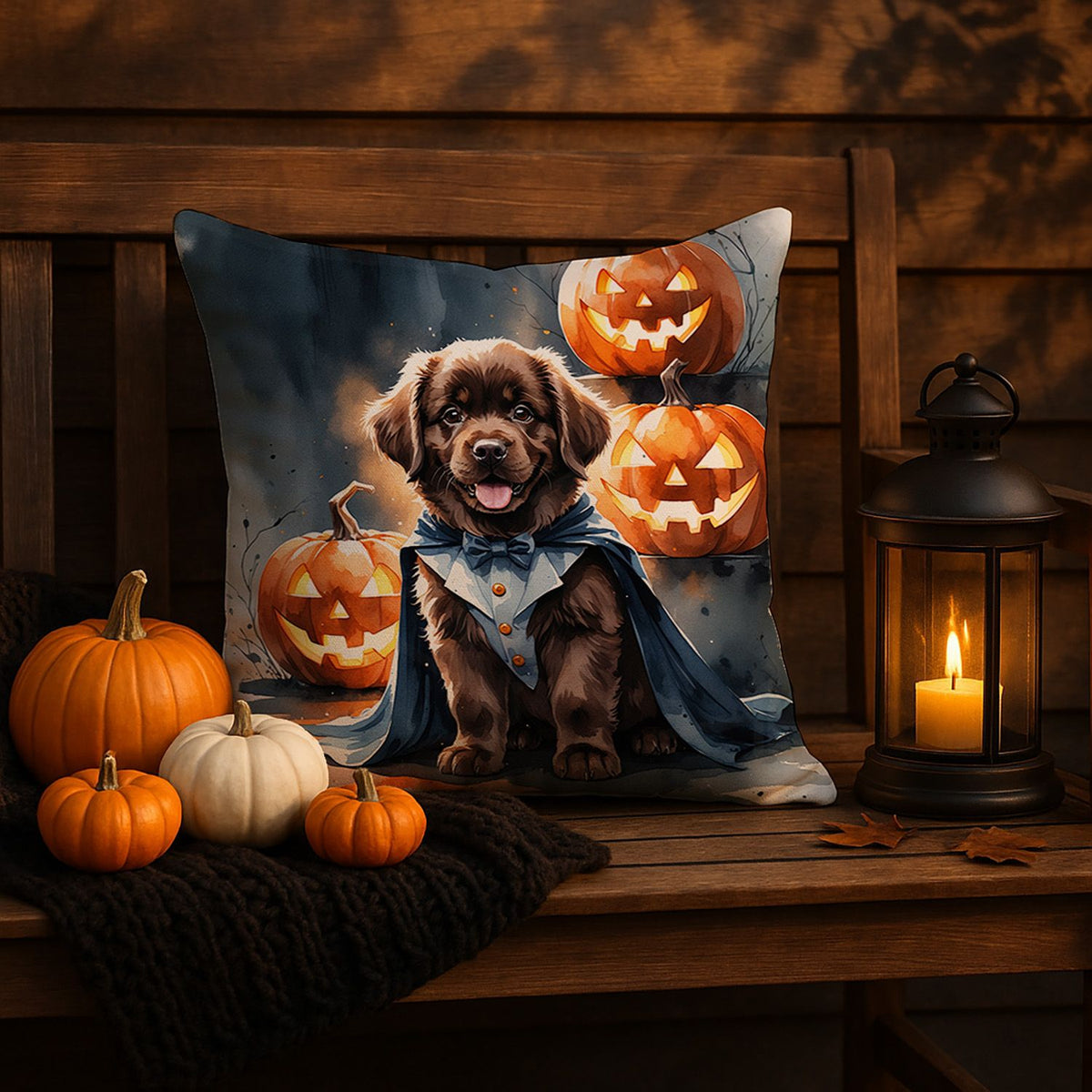 Chocolate Newfoundland Puppy Halloween Throw Pillow Indoor/Outdoor Decorative Throw Pillow, 18 x 18 in - product view 5