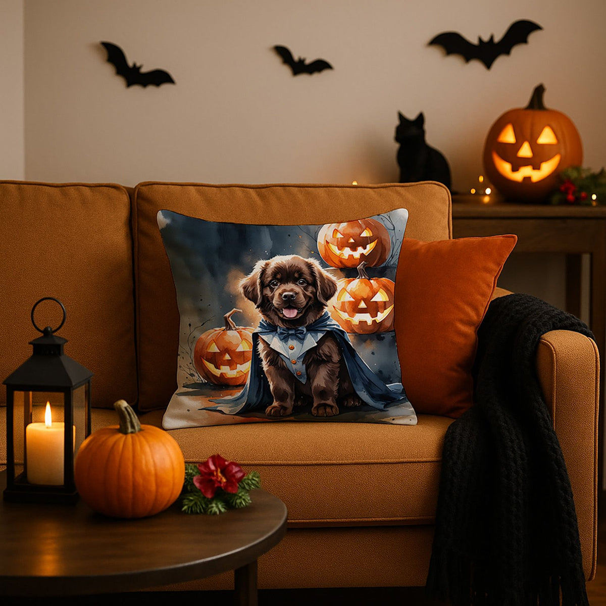 Chocolate Newfoundland Puppy Halloween Throw Pillow Indoor/Outdoor Decorative Throw Pillow, 18 x 18 in - product view 2