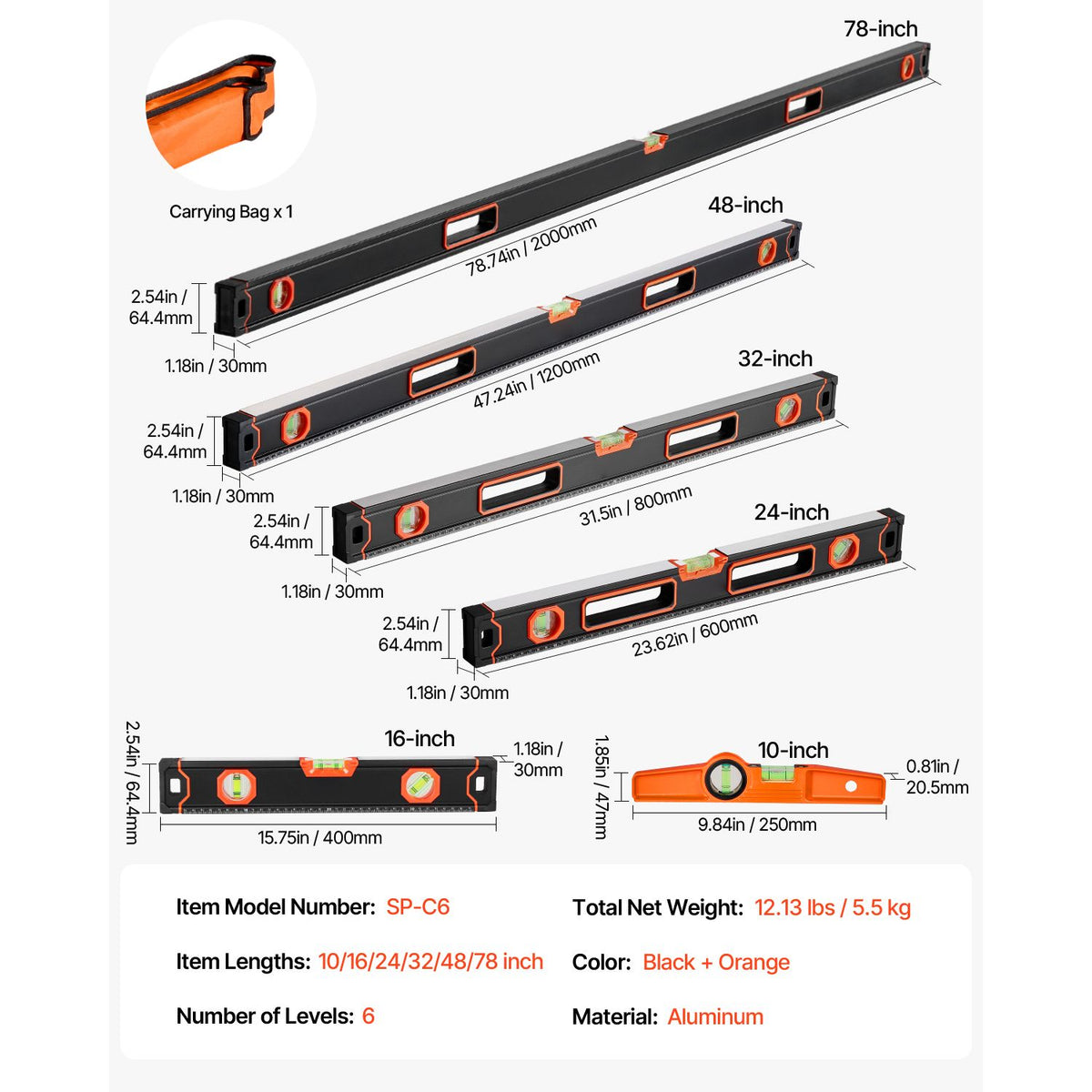 VEVOR 6-Piece Magnetic Level Set, 10-78 in