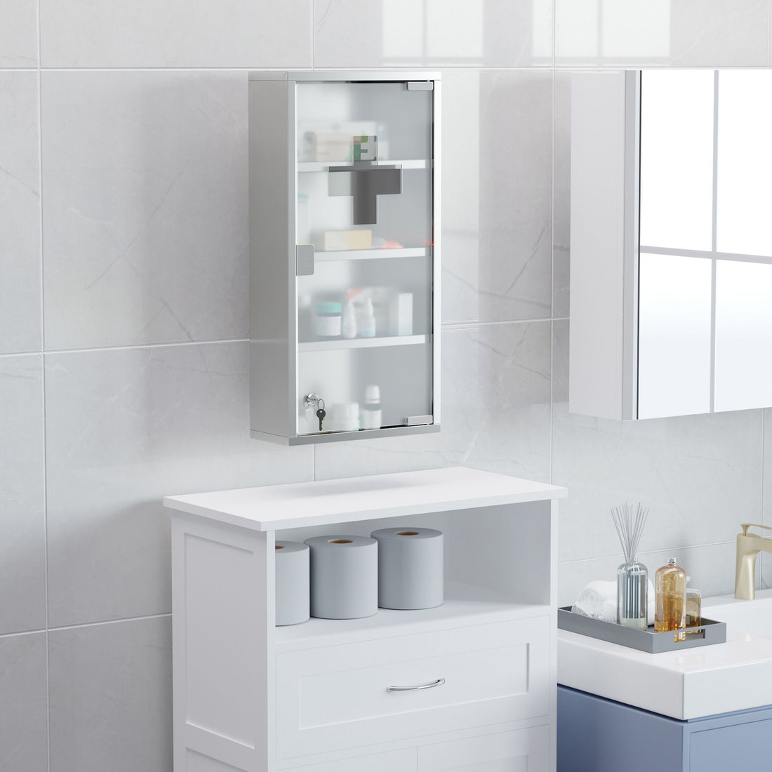 HOMCOM 12 x 24 in Lockable Stainless Steel Medicine Cabinet, Silver