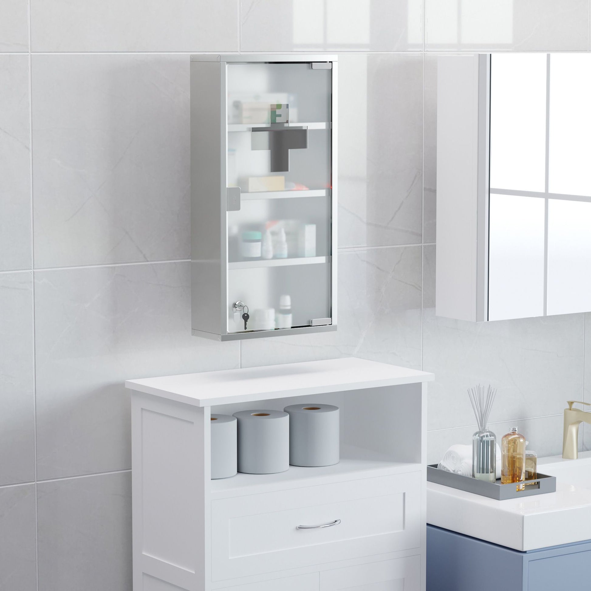 HOMCOM 12 x 24 in Lockable Stainless Steel Medicine Cabinet, Silver