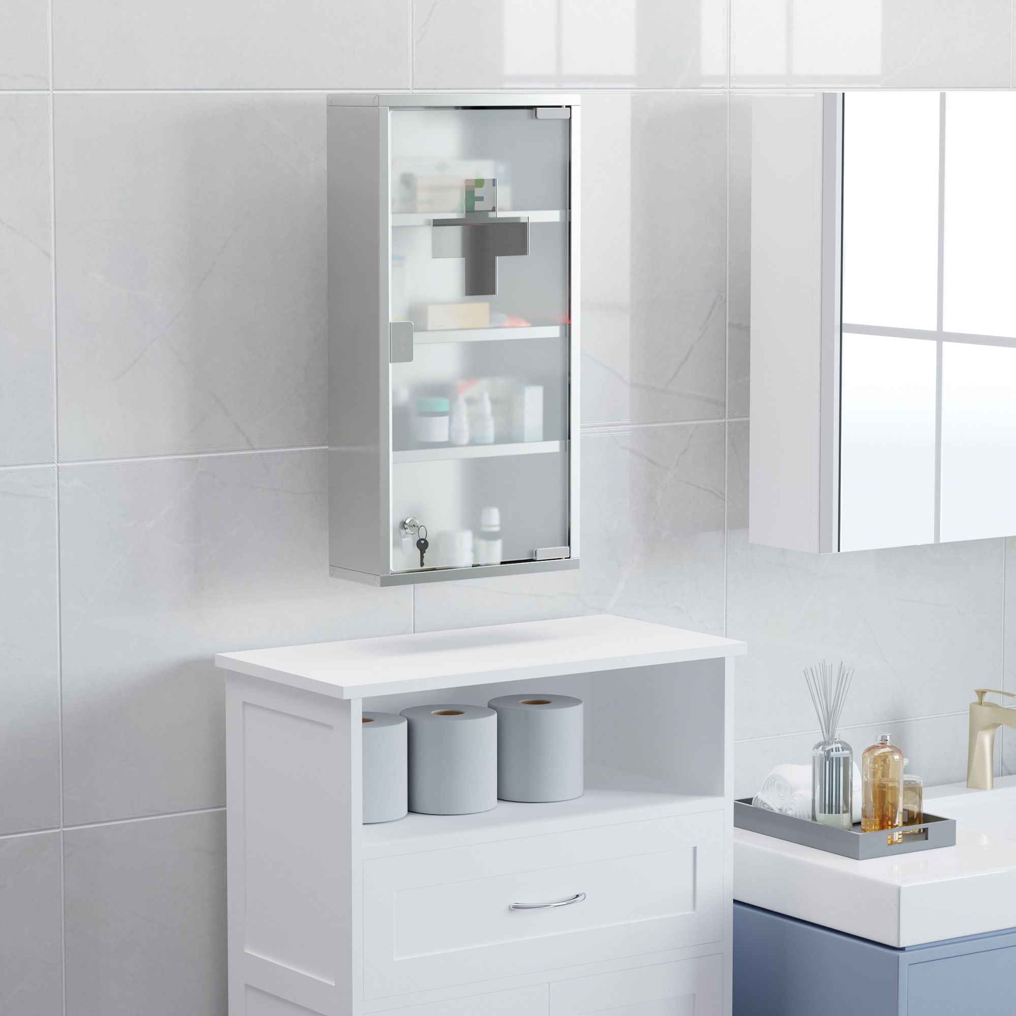 HOMCOM 12 x 24 in Lockable Stainless Steel Medicine Cabinet, Silver